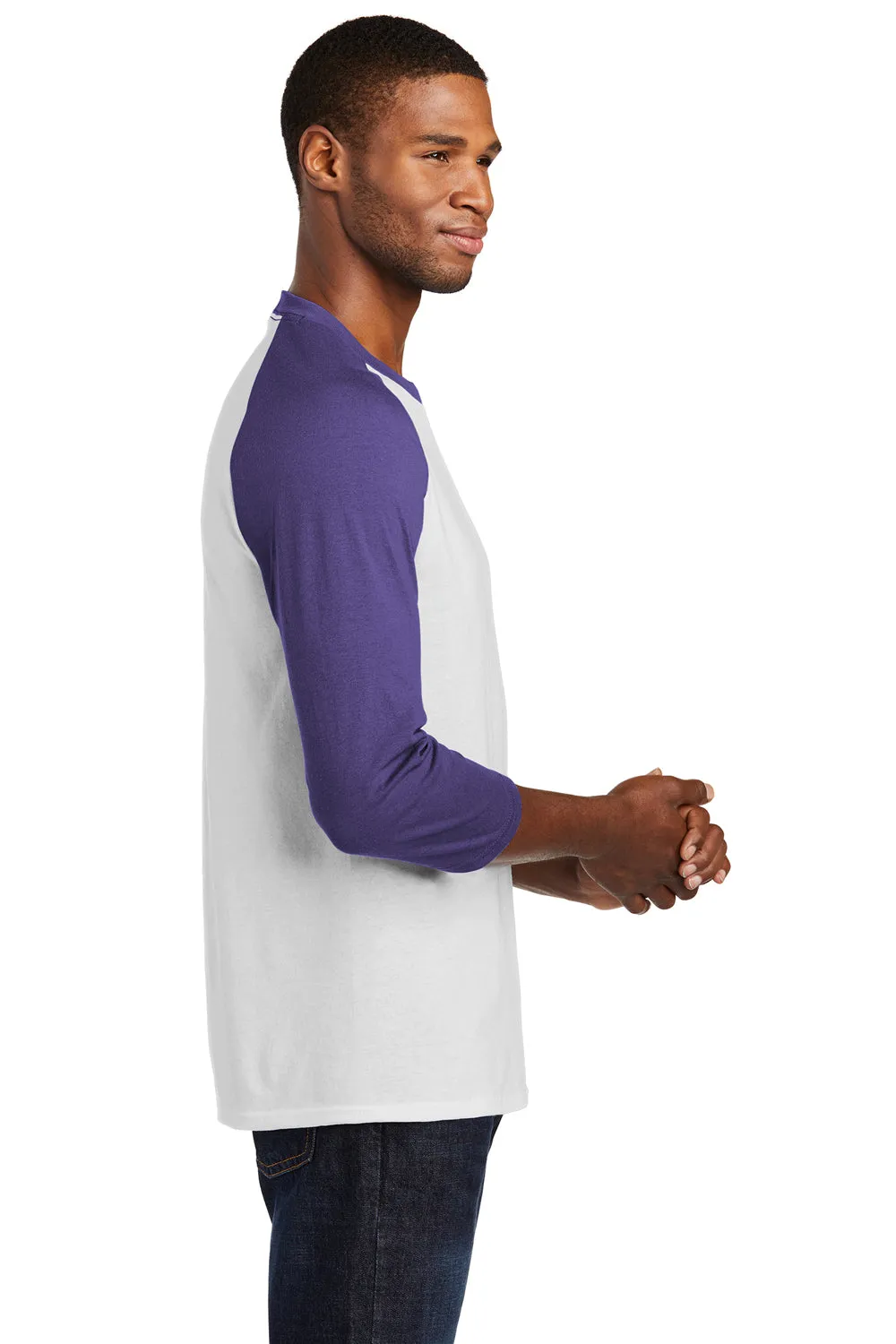 Port & Company Mens Core Moisture Wicking 3/4 Sleeve Crewneck T-Shirt - White/Purple - Closeout