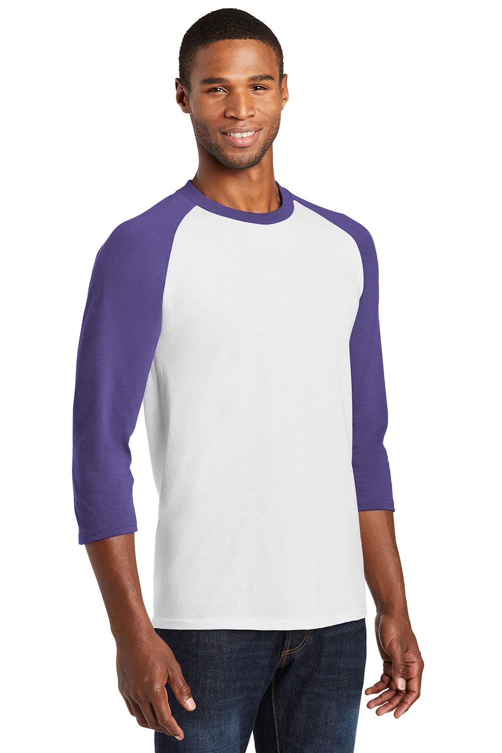 Port & Company Mens Core Moisture Wicking 3/4 Sleeve Crewneck T-Shirt - White/Purple - Closeout