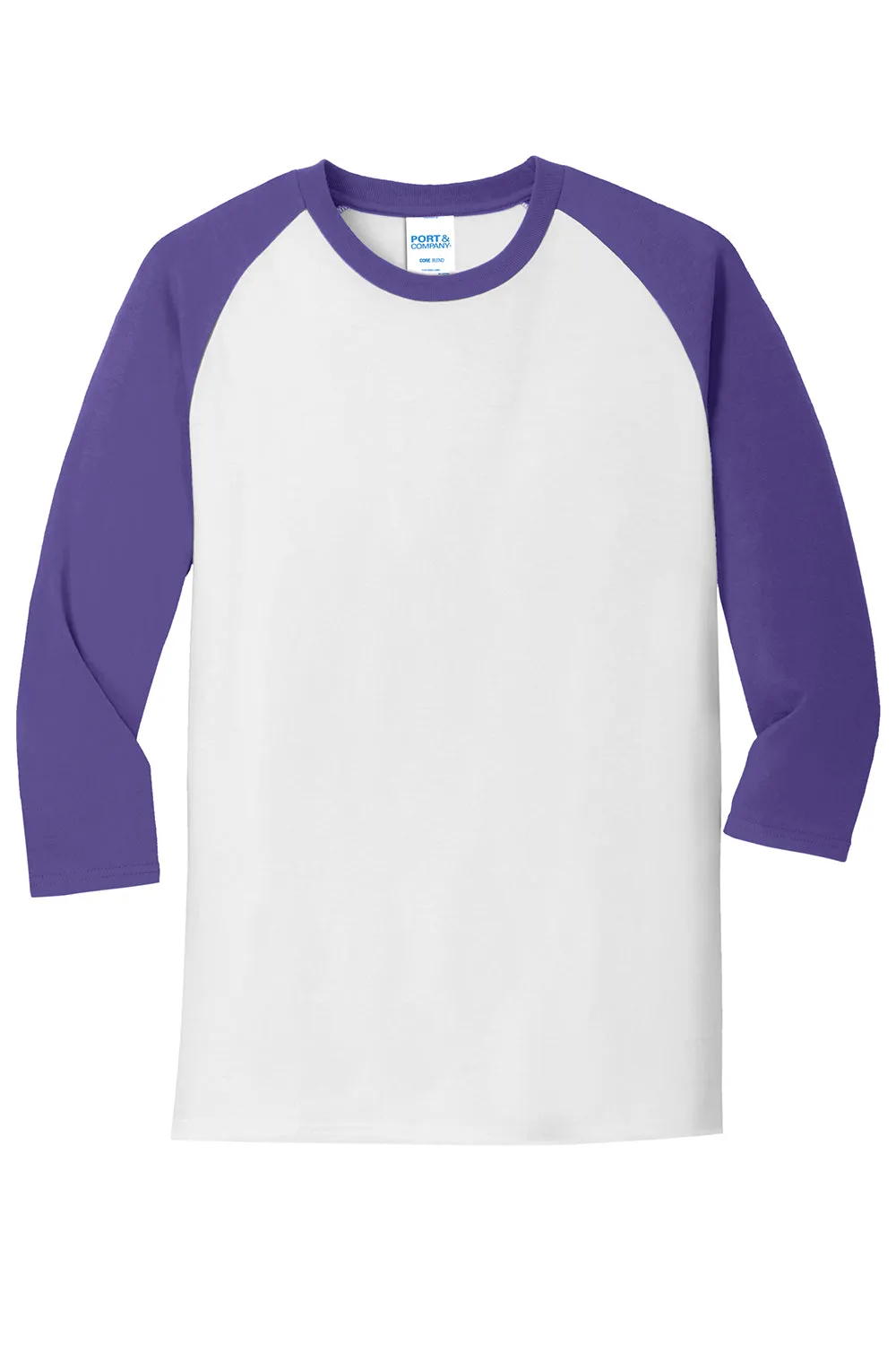 Port & Company Mens Core Moisture Wicking 3/4 Sleeve Crewneck T-Shirt - White/Purple - Closeout