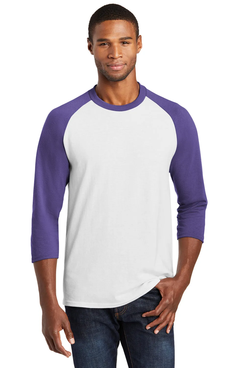 Port & Company Mens Core Moisture Wicking 3/4 Sleeve Crewneck T-Shirt - White/Purple - Closeout