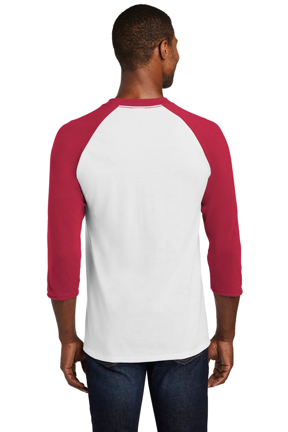 Port & Company Mens Core Moisture Wicking 3/4 Sleeve Crewneck T-Shirt - White/Red