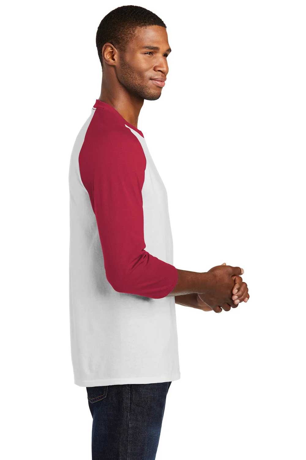 Port & Company Mens Core Moisture Wicking 3/4 Sleeve Crewneck T-Shirt - White/Red