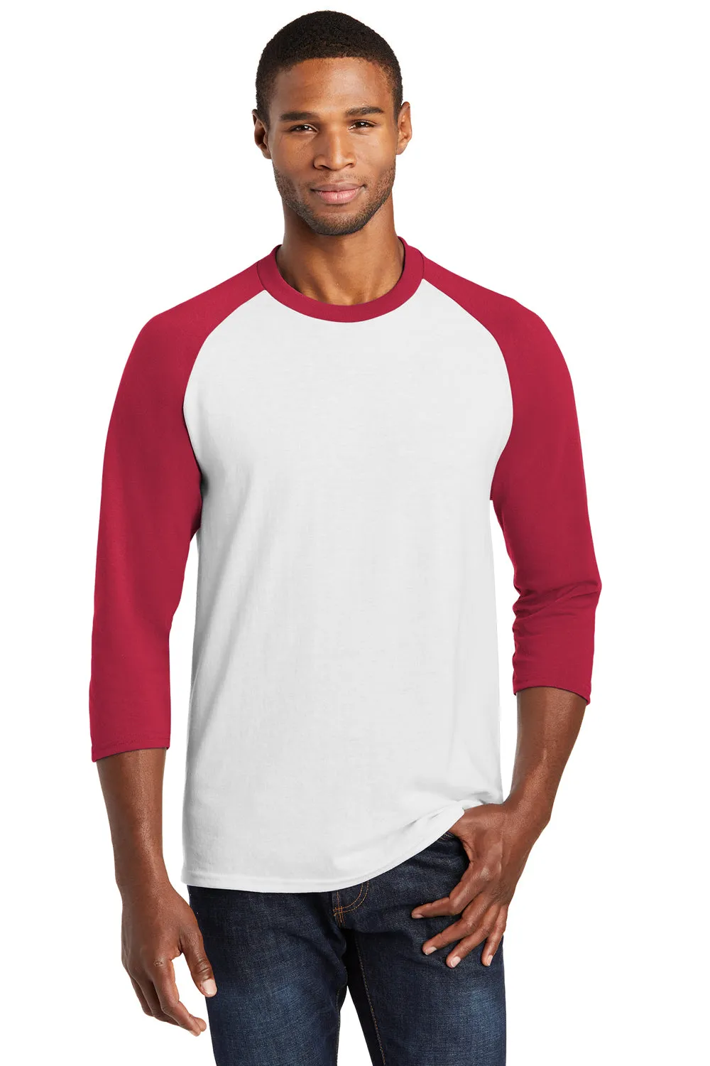 Port & Company Mens Core Moisture Wicking 3/4 Sleeve Crewneck T-Shirt - White/Red