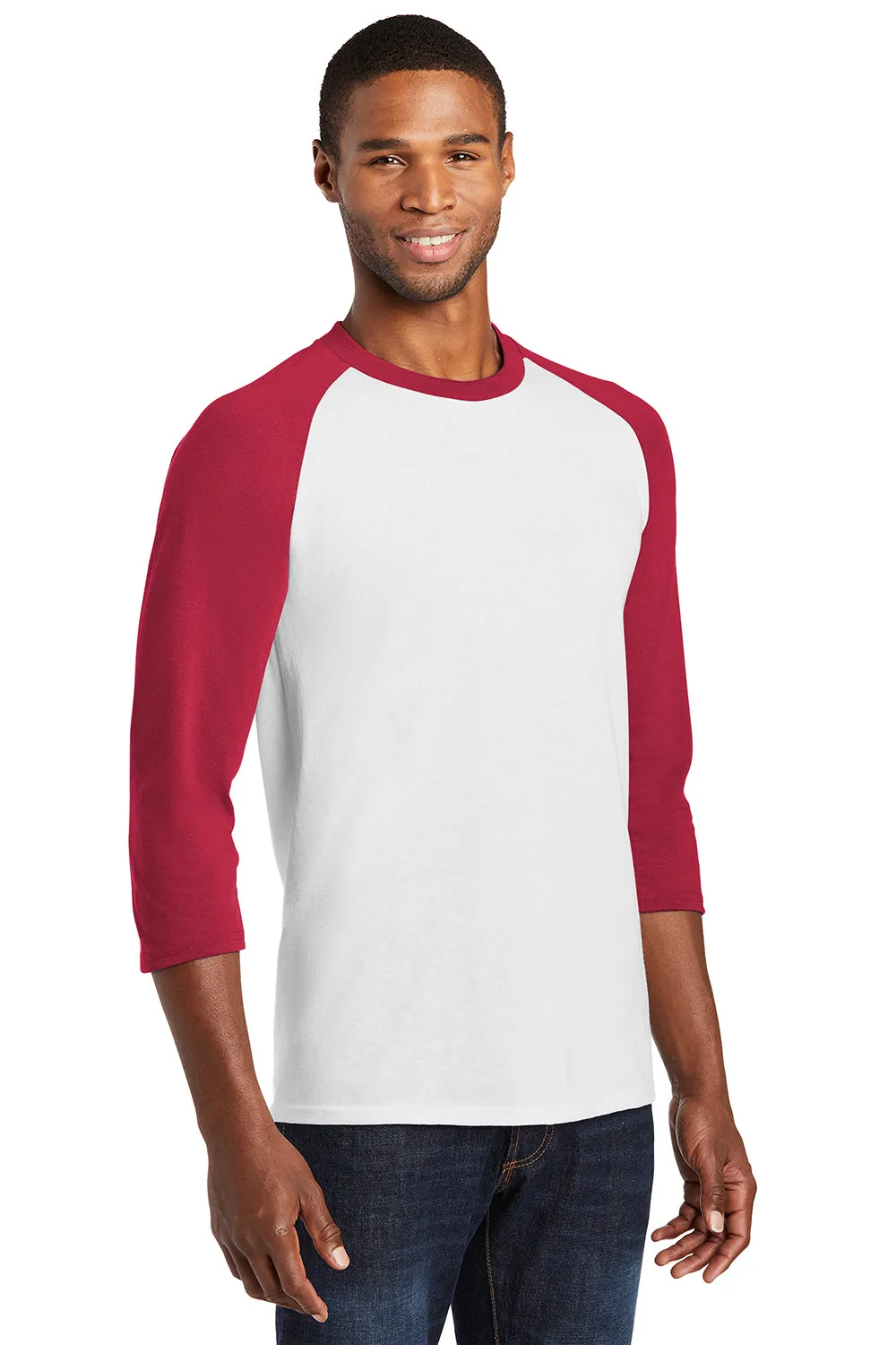 Port & Company Mens Core Moisture Wicking 3/4 Sleeve Crewneck T-Shirt - White/Red