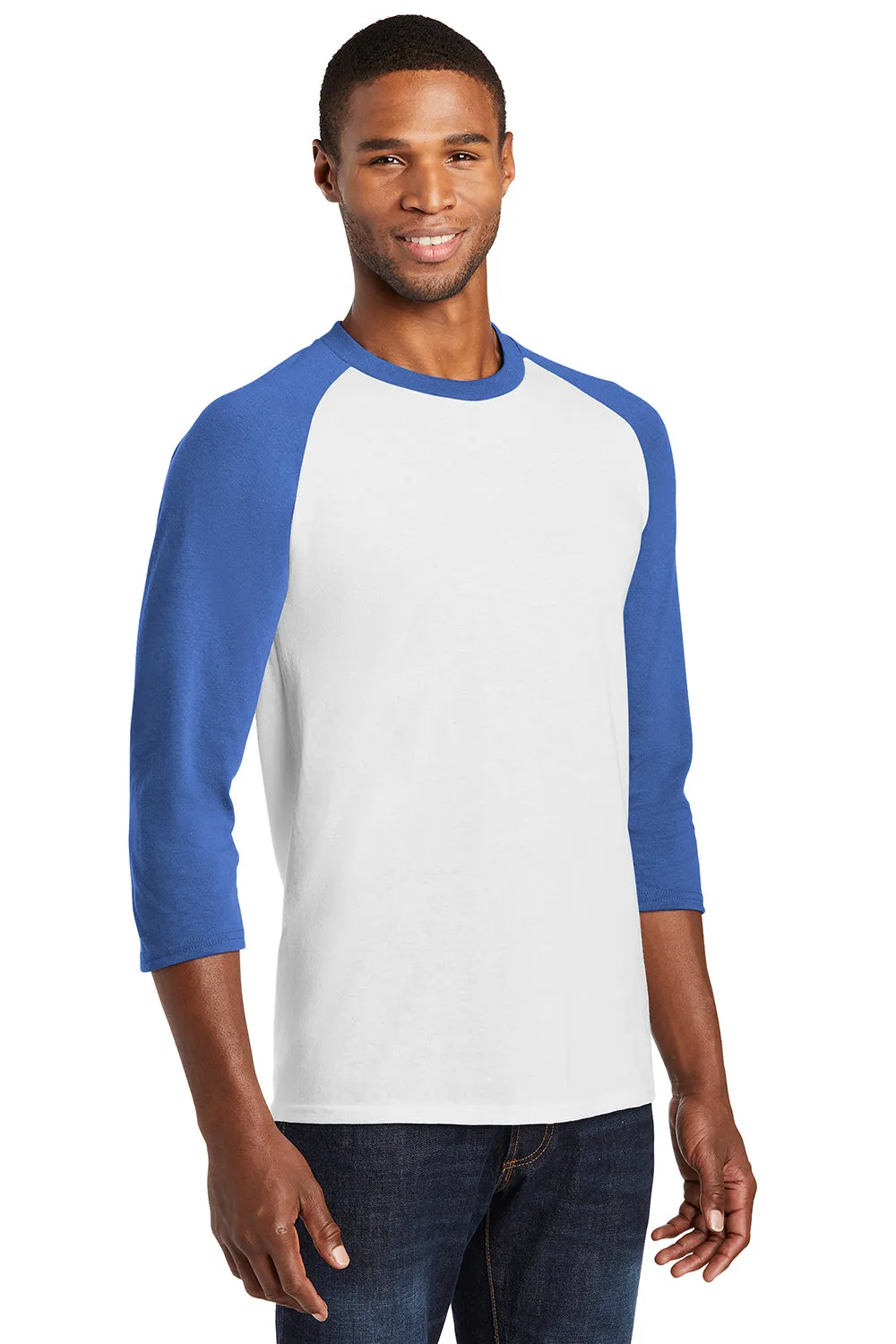 Port & Company Mens Core Moisture Wicking 3/4 Sleeve Crewneck T-Shirt - White/Royal Blue