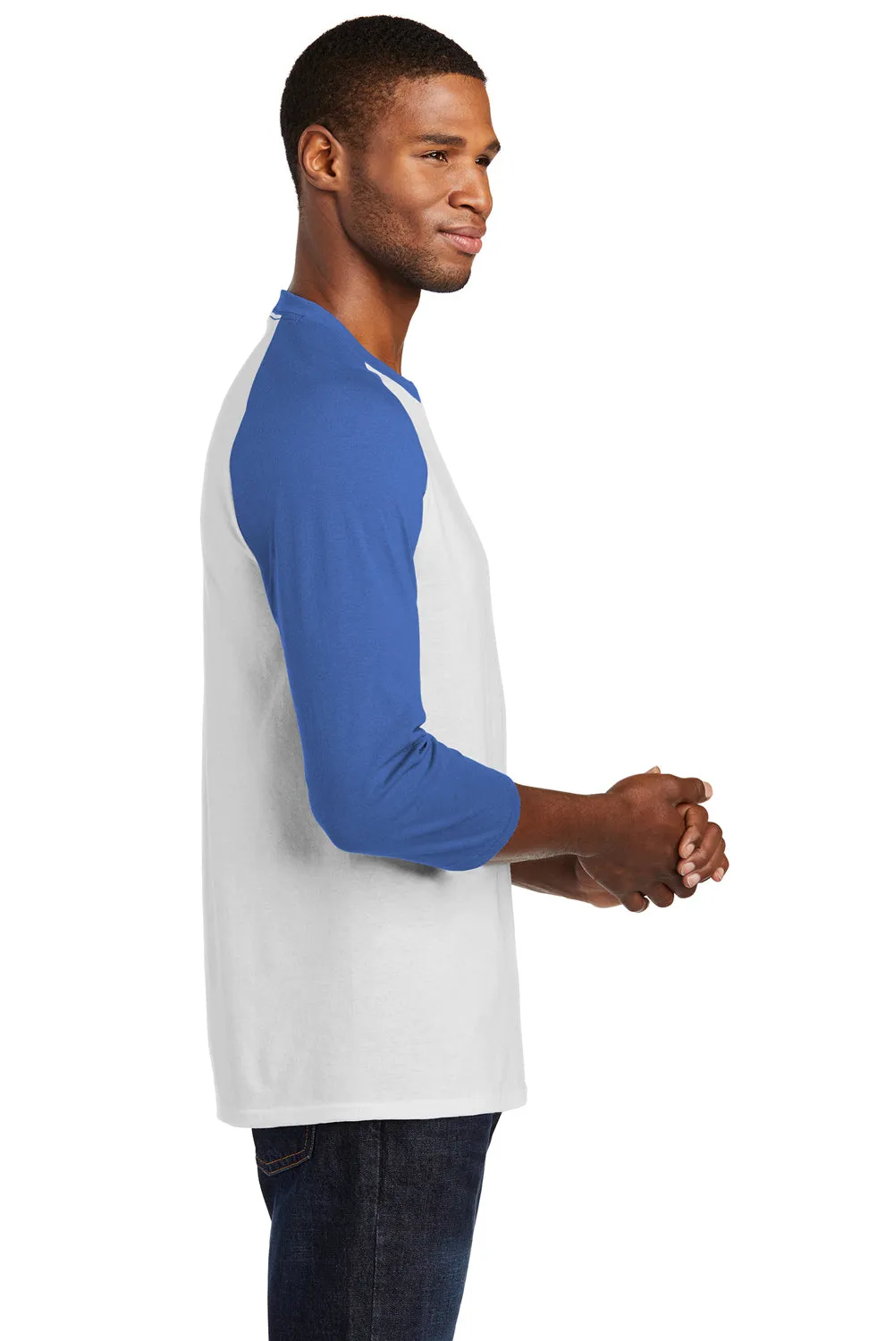 Port & Company Mens Core Moisture Wicking 3/4 Sleeve Crewneck T-Shirt - White/Royal Blue