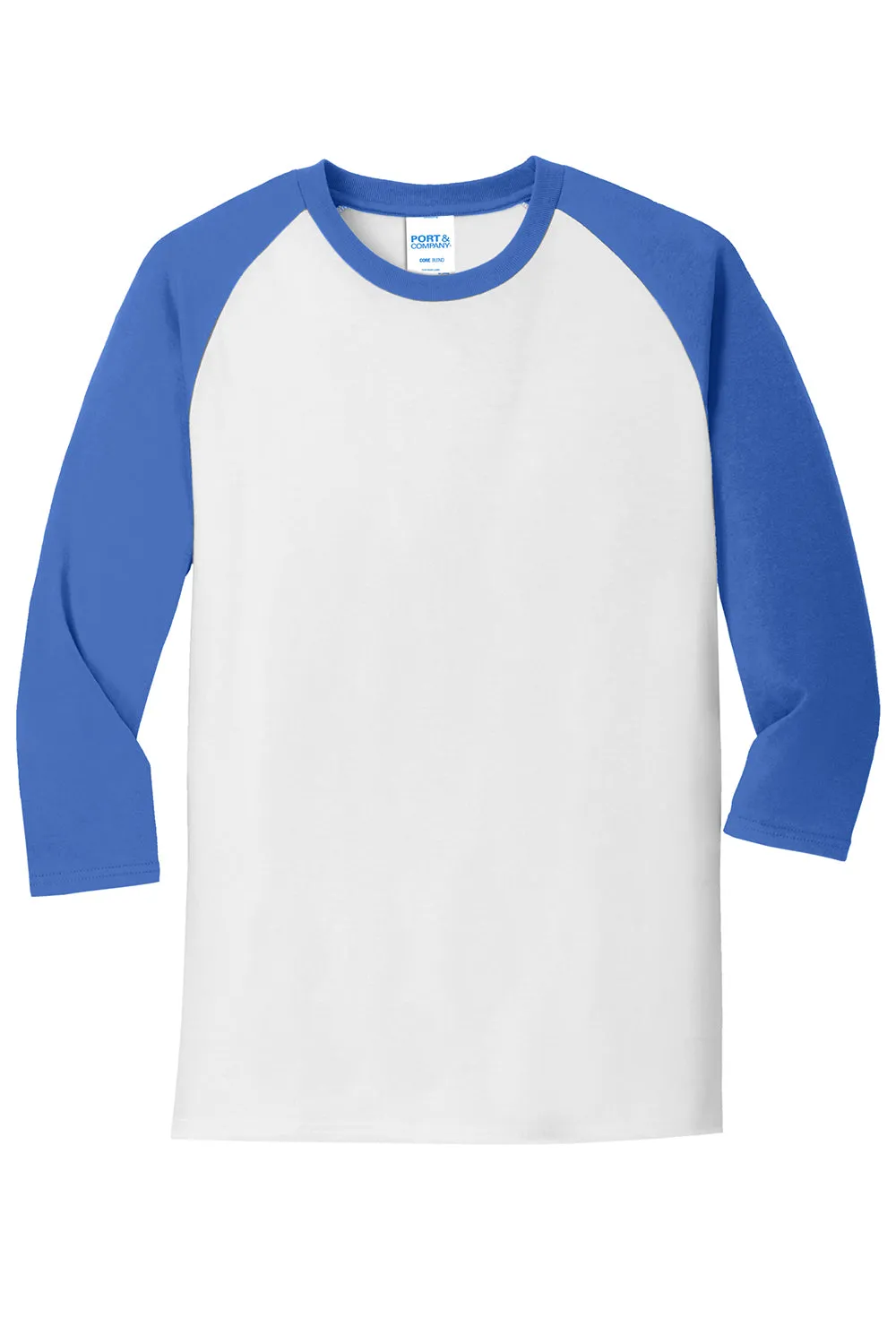 Port & Company Mens Core Moisture Wicking 3/4 Sleeve Crewneck T-Shirt - White/Royal Blue