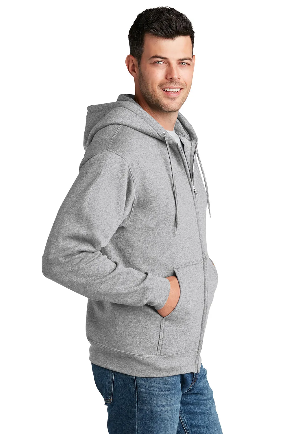 Port & Company Mens Core Pill Resistant Fleece Full Zip Hooded Sweatshirt Hoodie w/ Pockets - Ash Grey