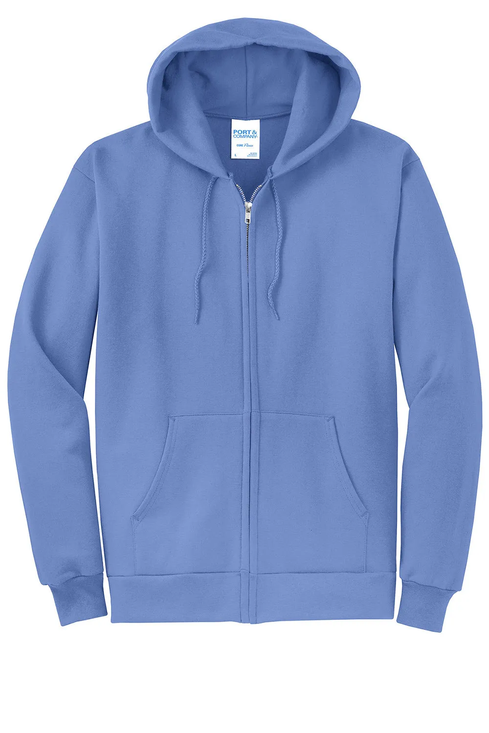 Port & Company Mens Core Pill Resistant Fleece Full Zip Hooded Sweatshirt Hoodie w/ Pockets - Carolina Blue
