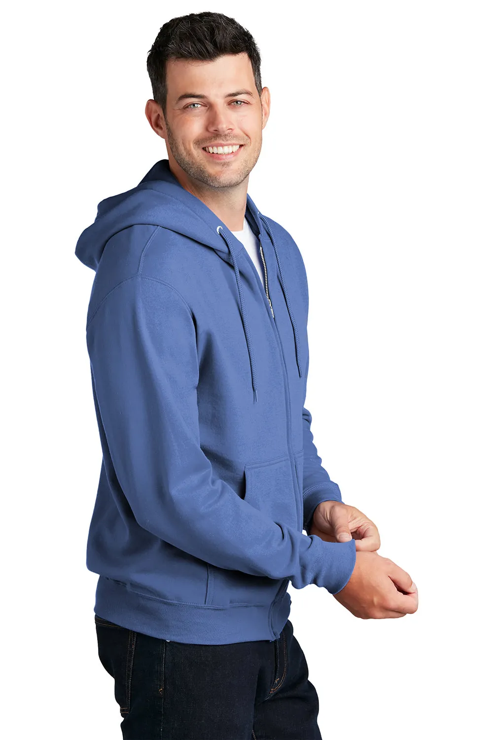 Port & Company Mens Core Pill Resistant Fleece Full Zip Hooded Sweatshirt Hoodie w/ Pockets - Carolina Blue