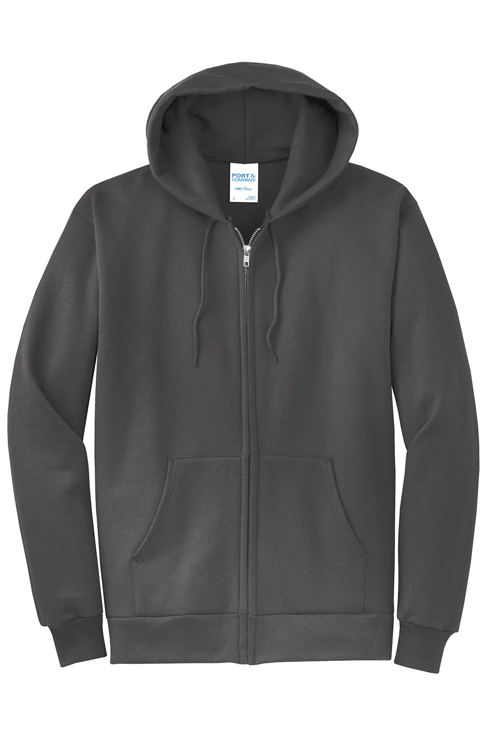 Port & Company Mens Core Pill Resistant Fleece Full Zip Hooded Sweatshirt Hoodie w/ Pockets - Charcoal Grey