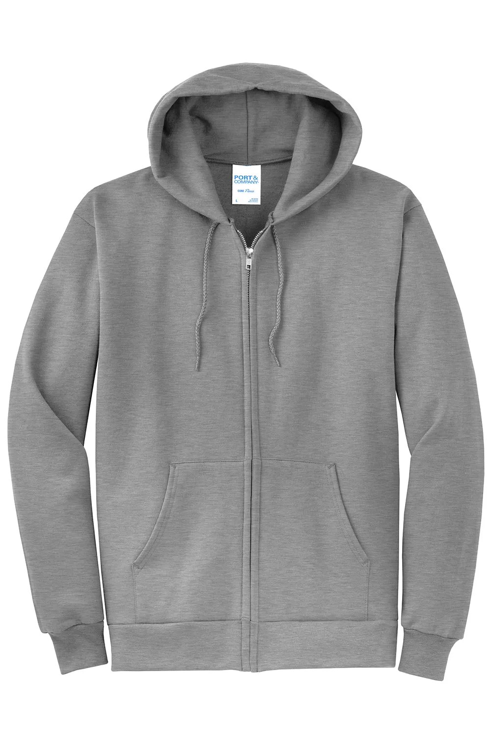 Port & Company Mens Core Pill Resistant Fleece Full Zip Hooded Sweatshirt Hoodie w/ Pockets - Heather Grey