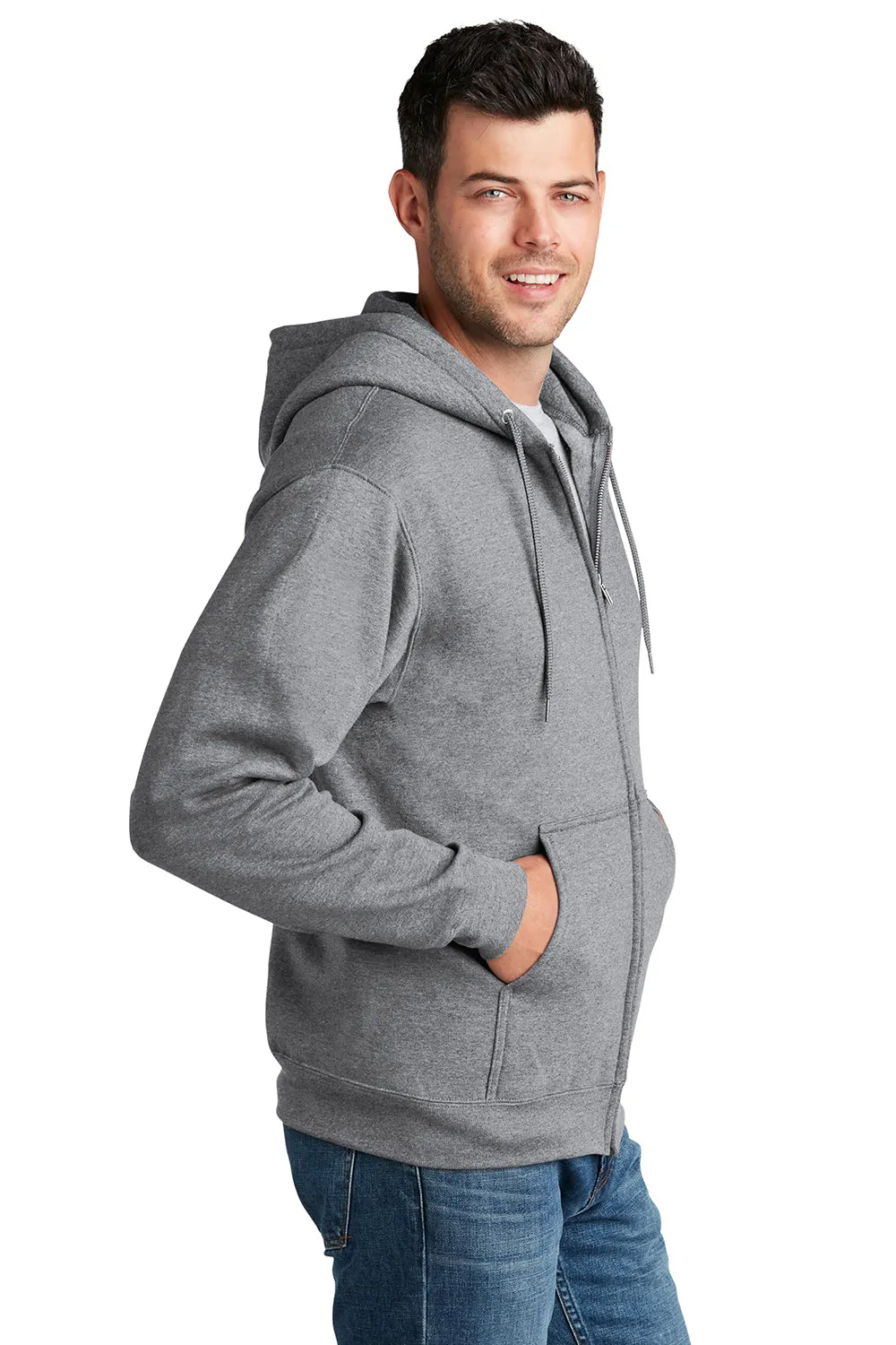 Port & Company Mens Core Pill Resistant Fleece Full Zip Hooded Sweatshirt Hoodie w/ Pockets - Heather Grey