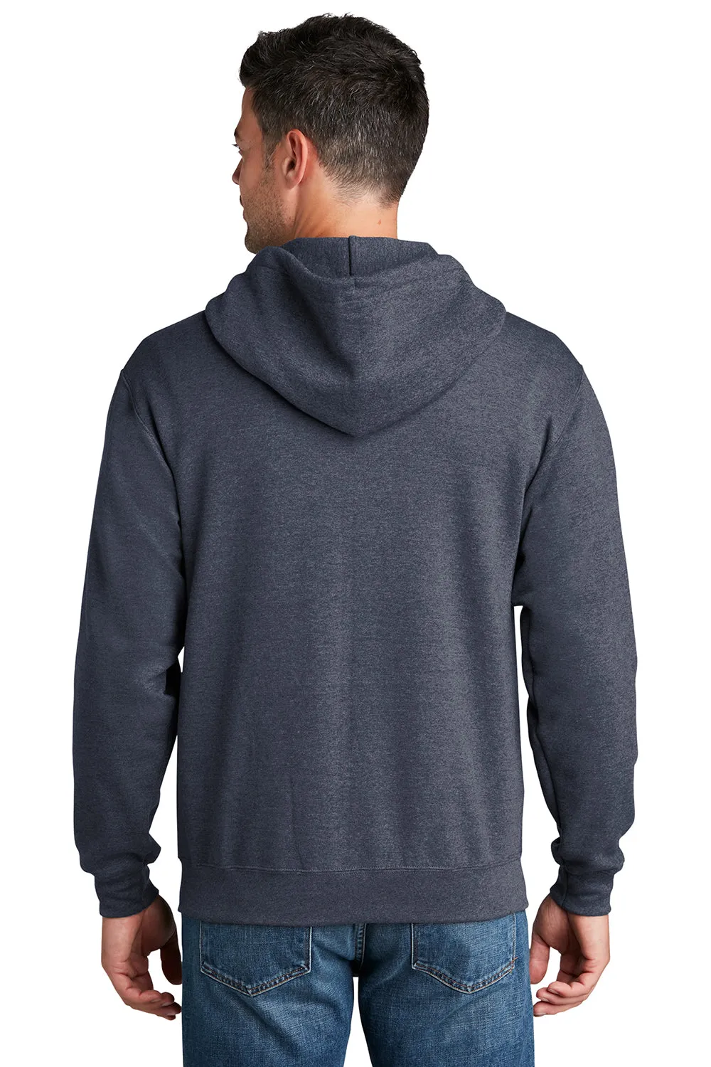 Port & Company Mens Core Pill Resistant Fleece Full Zip Hooded Sweatshirt Hoodie w/ Pockets - Heather Navy Blue