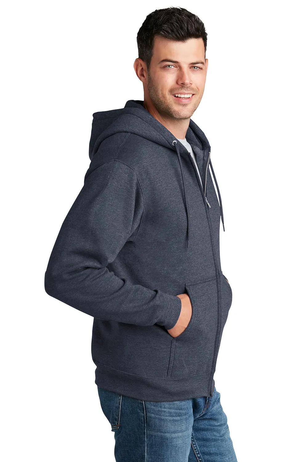 Port & Company Mens Core Pill Resistant Fleece Full Zip Hooded Sweatshirt Hoodie w/ Pockets - Heather Navy Blue