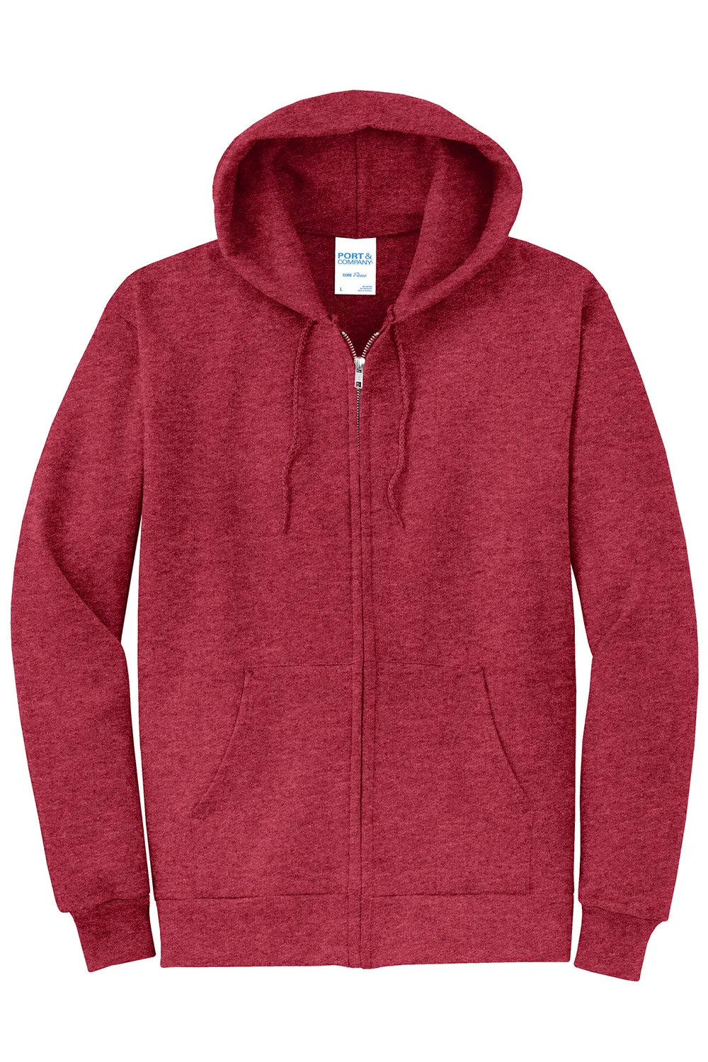 Port & Company Mens Core Pill Resistant Fleece Full Zip Hooded Sweatshirt Hoodie w/ Pockets - Heather Red