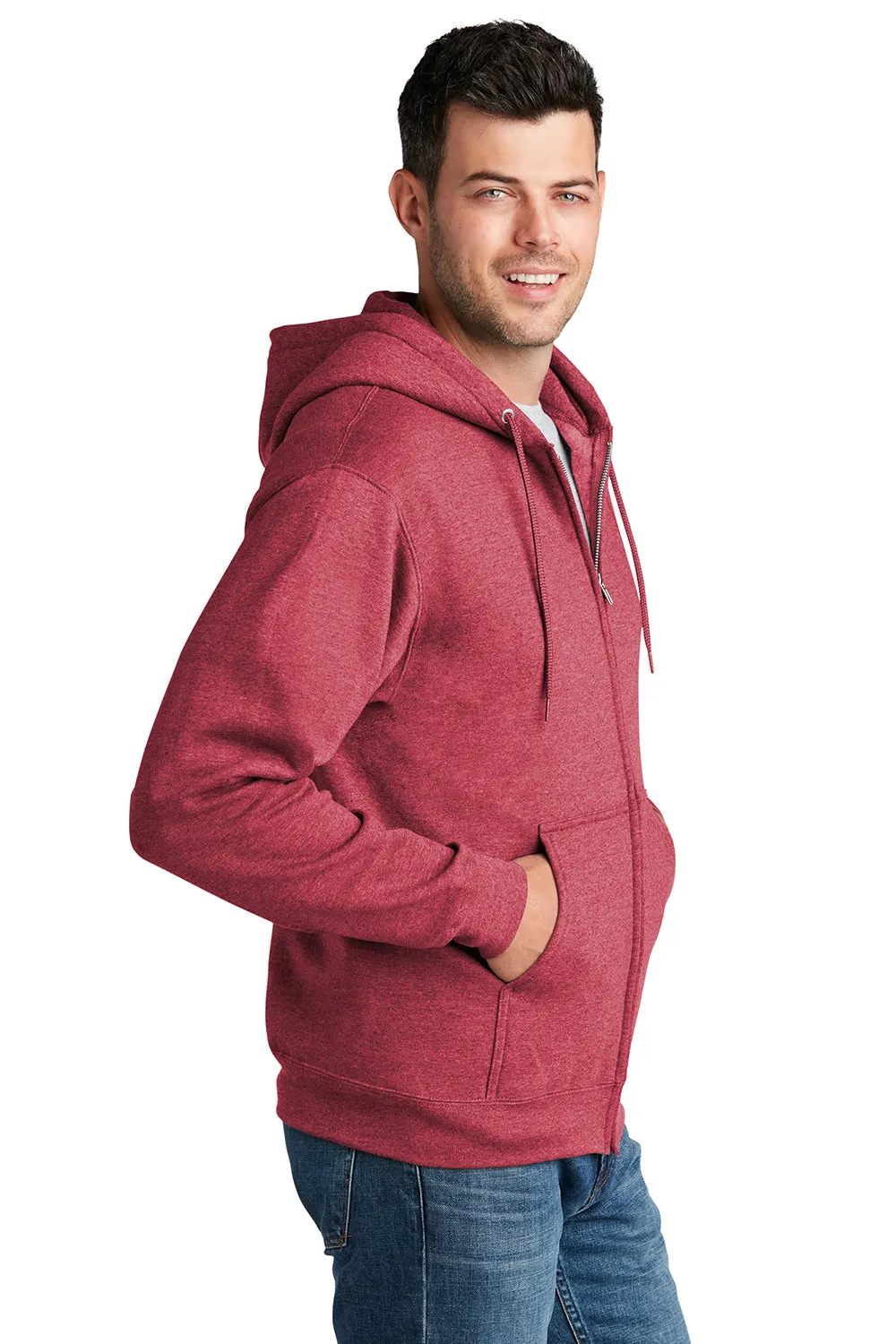 Port & Company Mens Core Pill Resistant Fleece Full Zip Hooded Sweatshirt Hoodie w/ Pockets - Heather Red