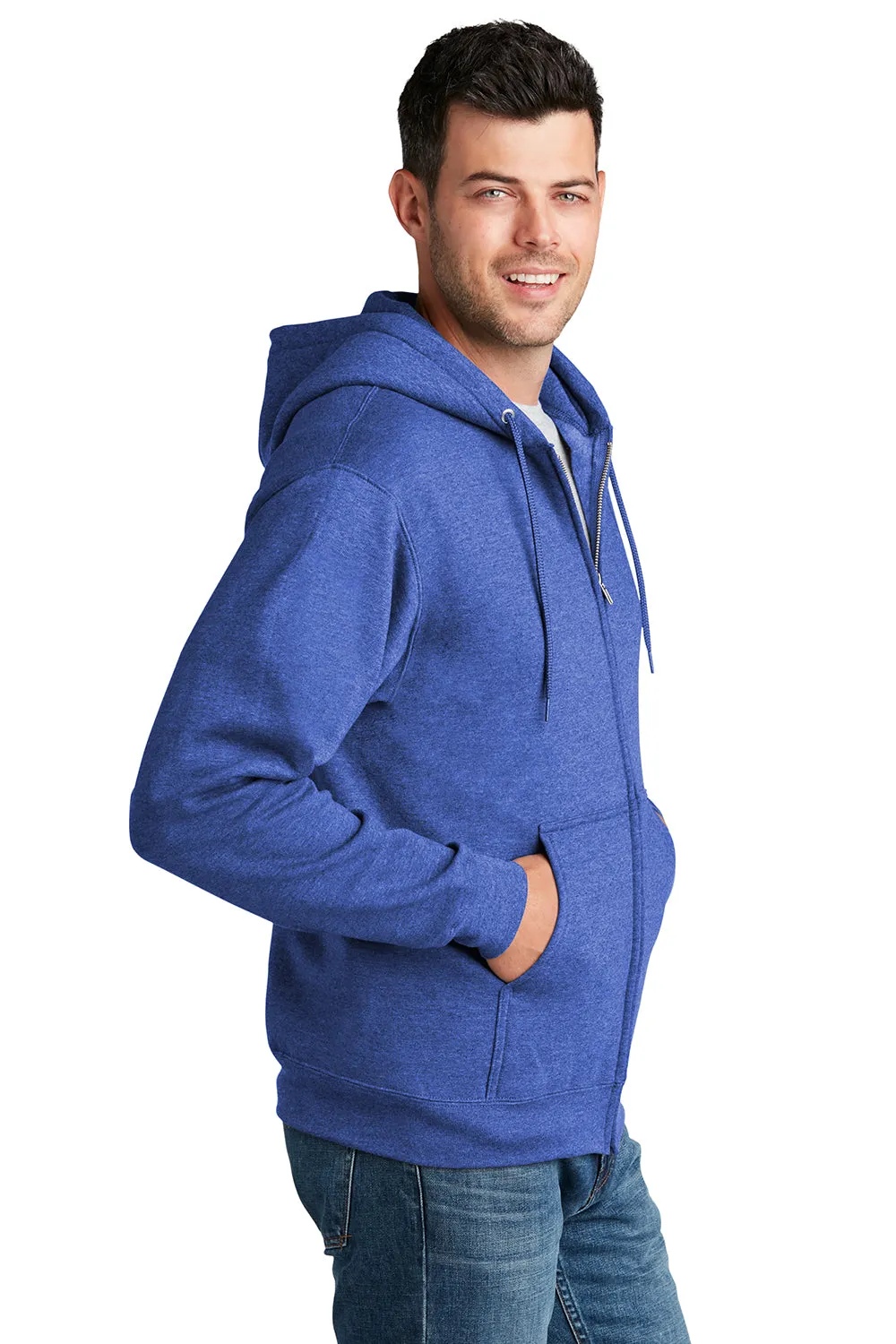 Port & Company Mens Core Pill Resistant Fleece Full Zip Hooded Sweatshirt Hoodie w/ Pockets - Heather Royal Blue