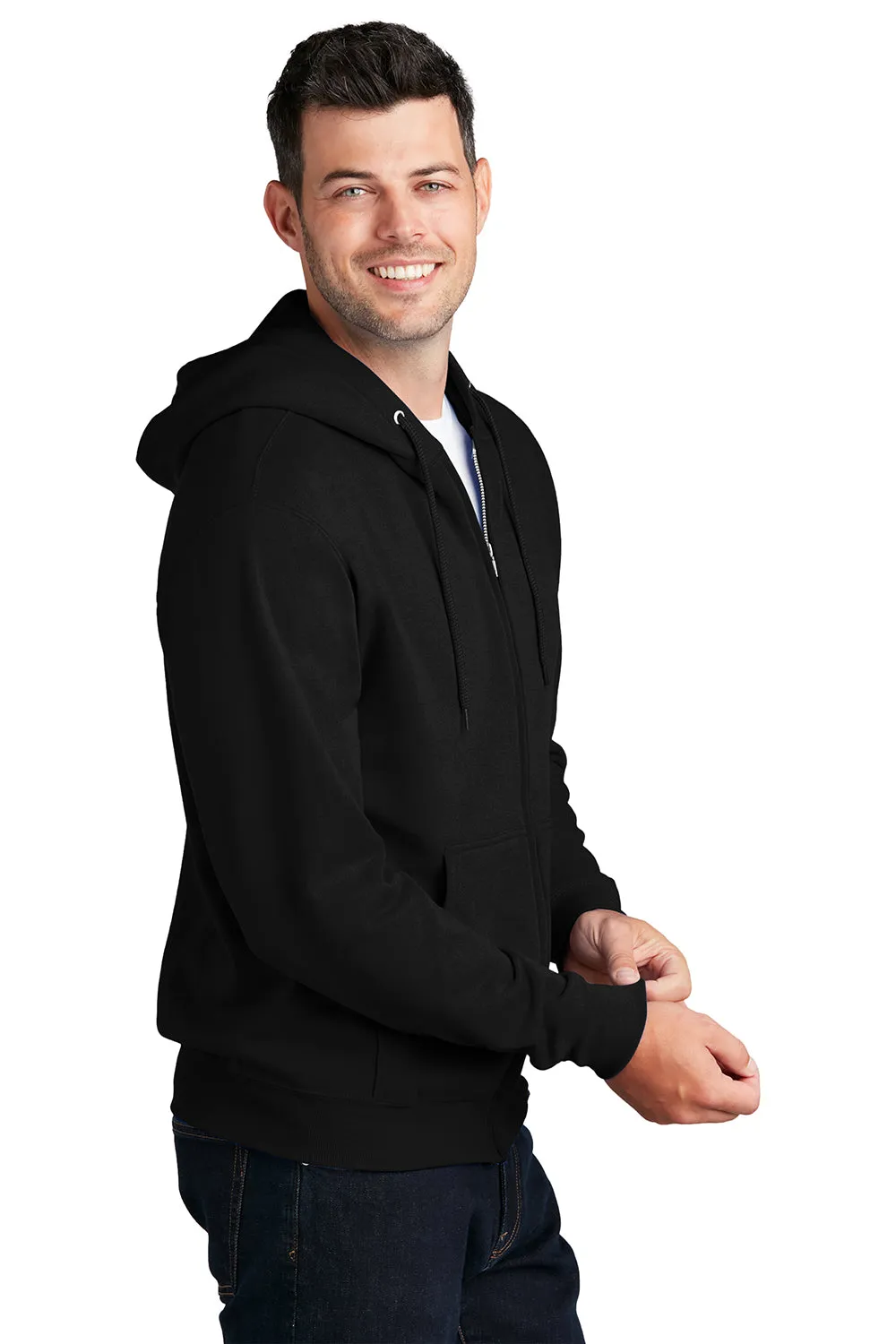 Port & Company Mens Core Pill Resistant Fleece Full Zip Hooded Sweatshirt Hoodie w/ Pockets - Jet Black