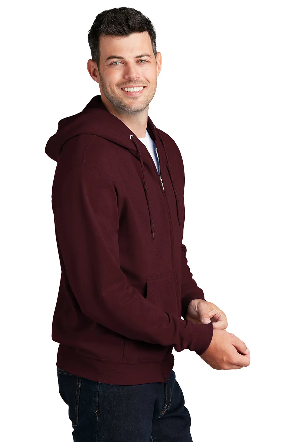 Port & Company Mens Core Pill Resistant Fleece Full Zip Hooded Sweatshirt Hoodie w/ Pockets - Maroon