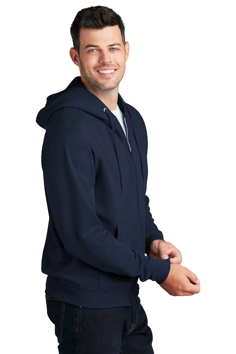 Port & Company Mens Core Pill Resistant Fleece Full Zip Hooded Sweatshirt Hoodie w/ Pockets - Navy Blue