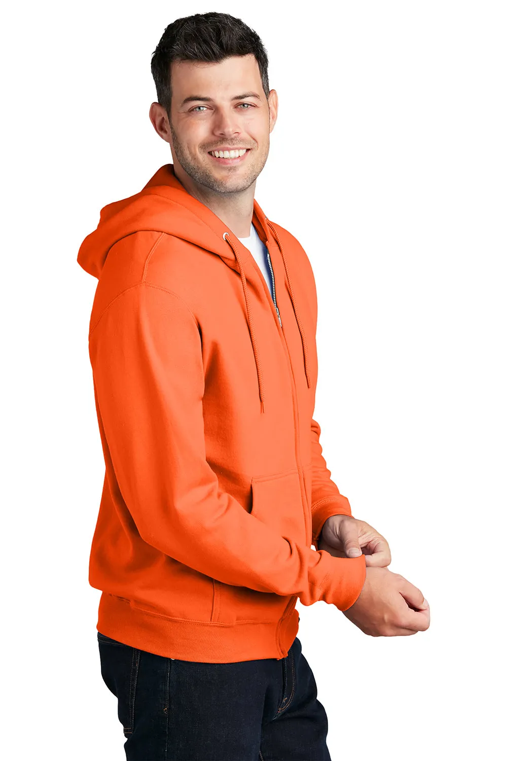 Port & Company Mens Core Pill Resistant Fleece Full Zip Hooded Sweatshirt Hoodie w/ Pockets - Neon Orange