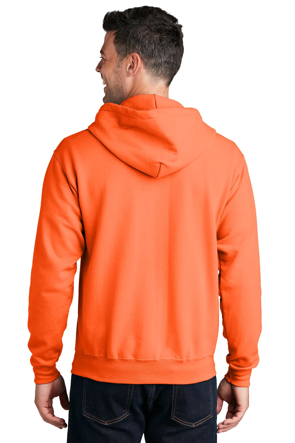 Port & Company Mens Core Pill Resistant Fleece Full Zip Hooded Sweatshirt Hoodie w/ Pockets - Neon Orange