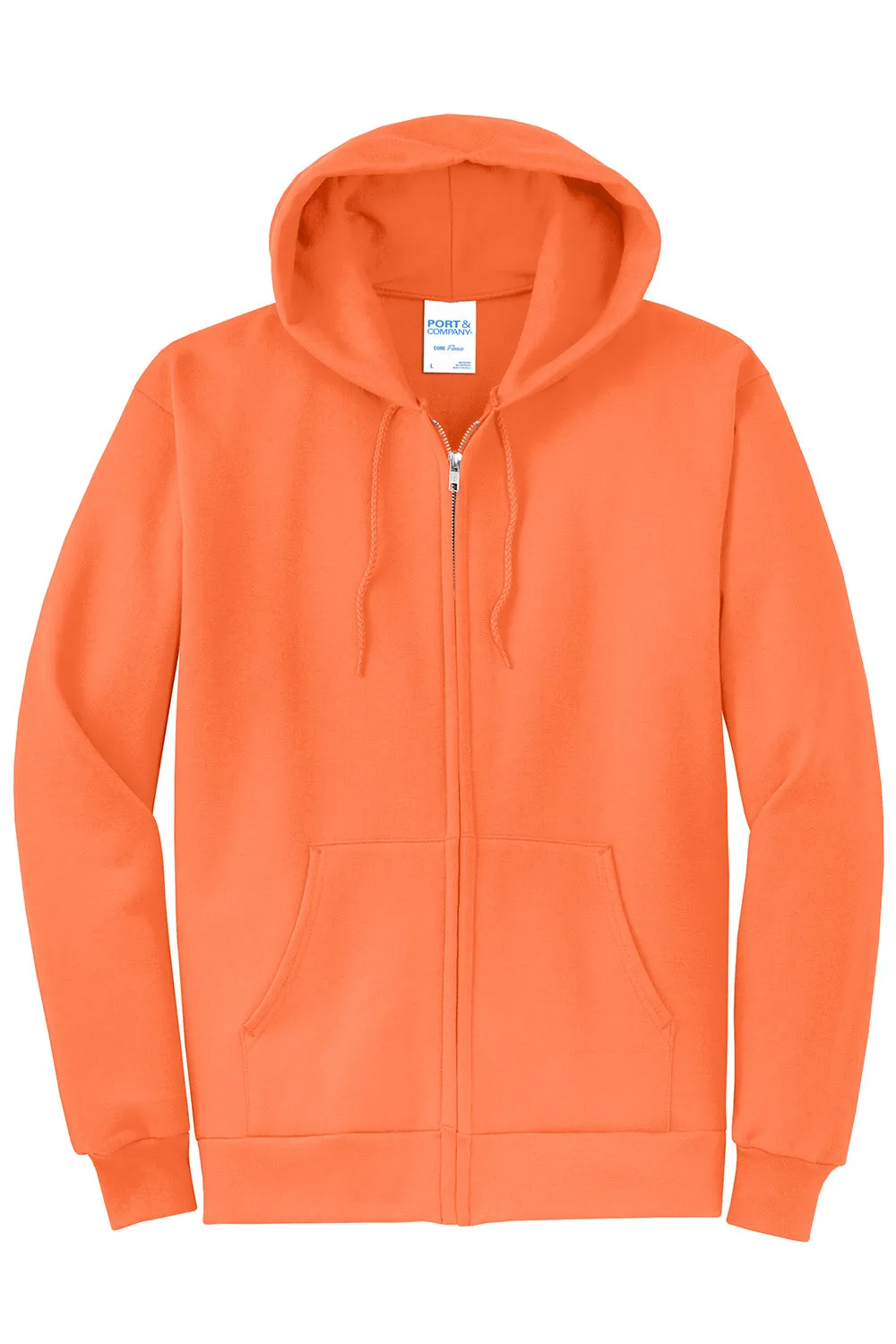 Port & Company Mens Core Pill Resistant Fleece Full Zip Hooded Sweatshirt Hoodie w/ Pockets - Neon Orange