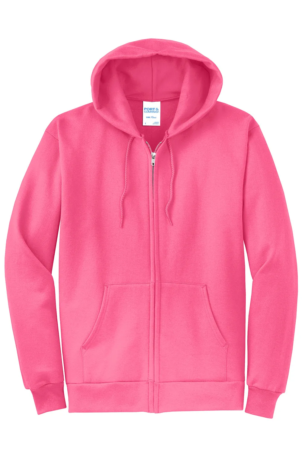 Port & Company Mens Core Pill Resistant Fleece Full Zip Hooded Sweatshirt Hoodie w/ Pockets - Neon Pink