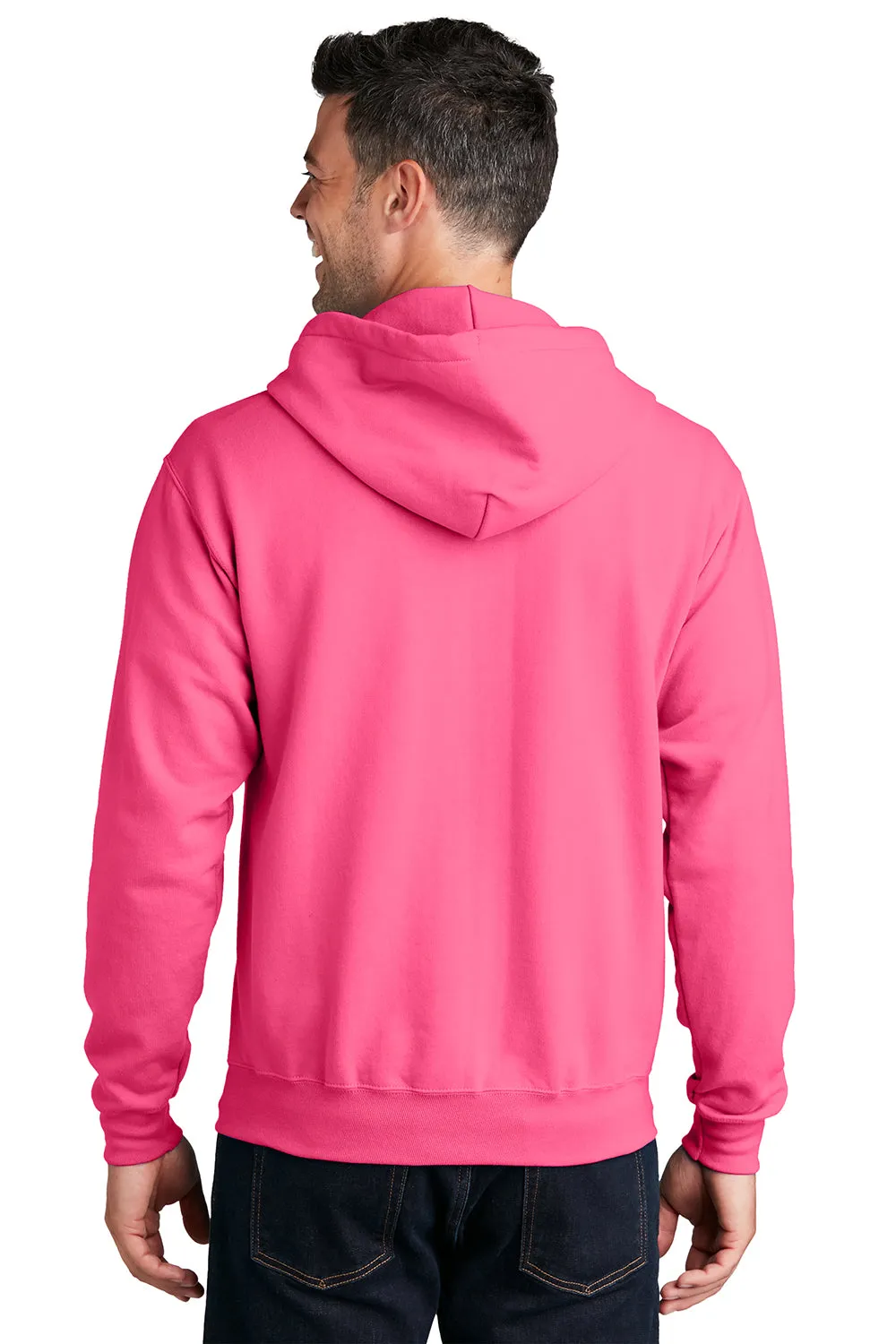 Port & Company Mens Core Pill Resistant Fleece Full Zip Hooded Sweatshirt Hoodie w/ Pockets - Neon Pink