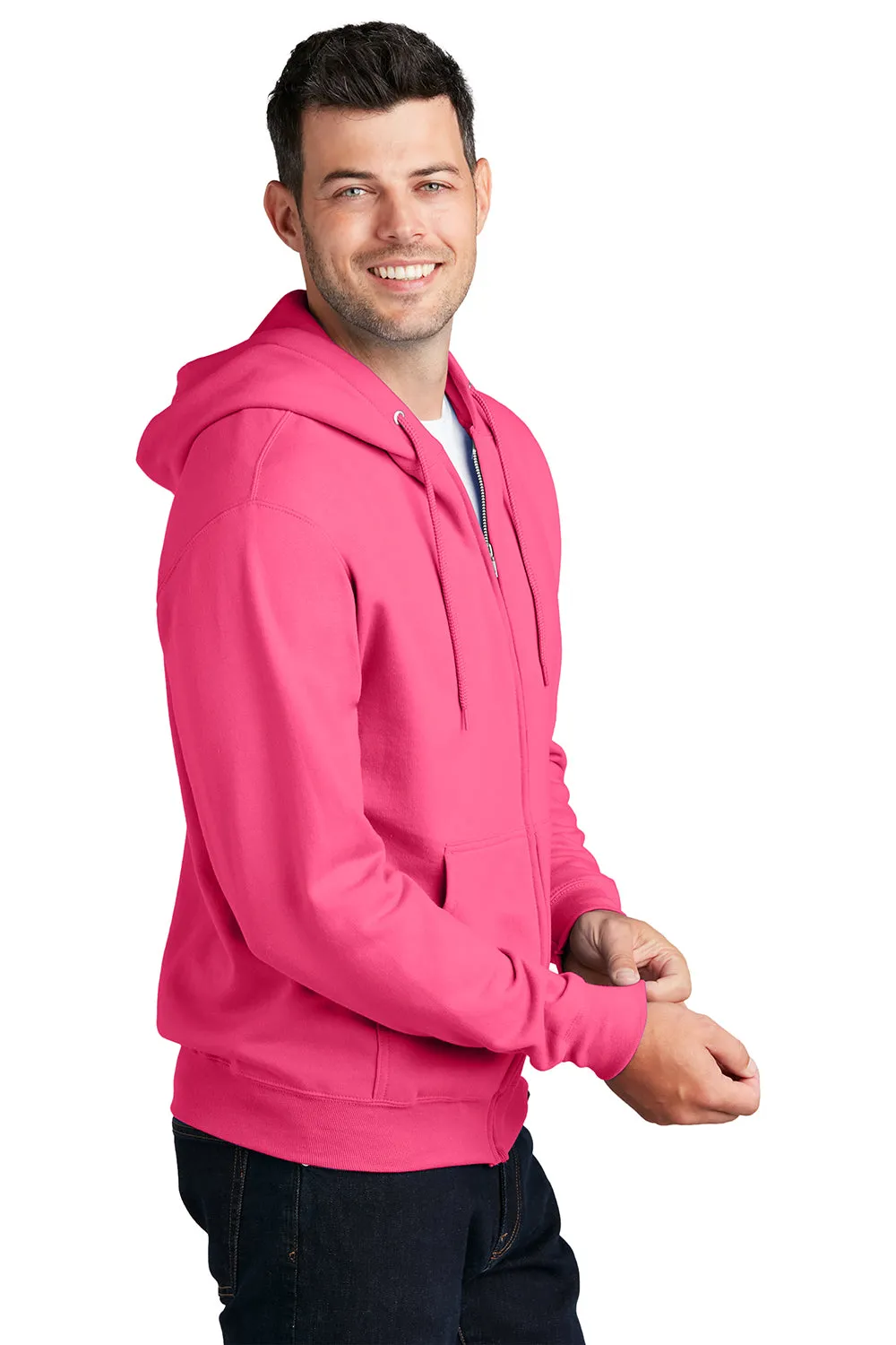 Port & Company Mens Core Pill Resistant Fleece Full Zip Hooded Sweatshirt Hoodie w/ Pockets - Neon Pink