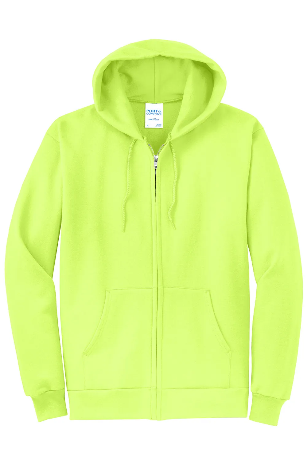 Port & Company Mens Core Pill Resistant Fleece Full Zip Hooded Sweatshirt Hoodie w/ Pockets - Neon Yellow