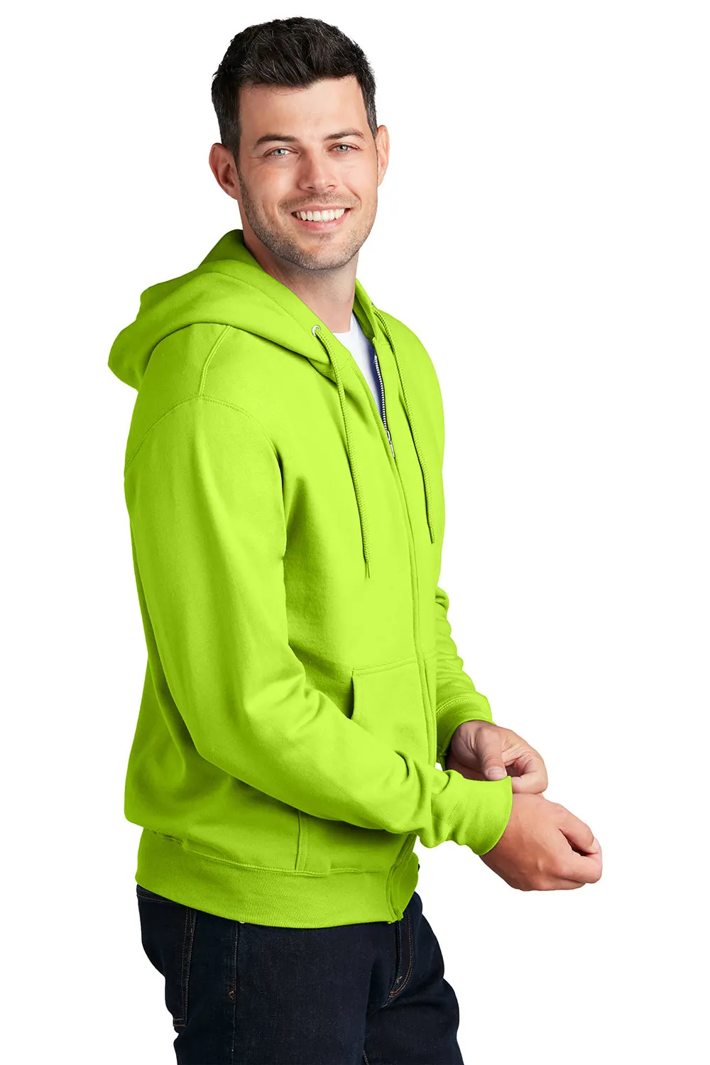 Port & Company Mens Core Pill Resistant Fleece Full Zip Hooded Sweatshirt Hoodie w/ Pockets - Neon Yellow