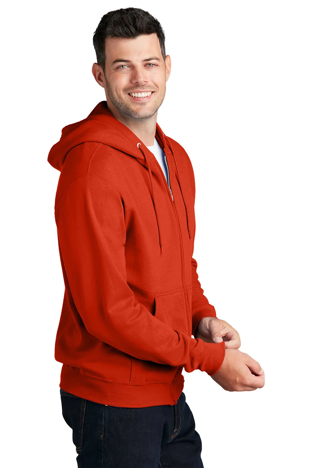 Port & Company Mens Core Pill Resistant Fleece Full Zip Hooded Sweatshirt Hoodie w/ Pockets - Orange