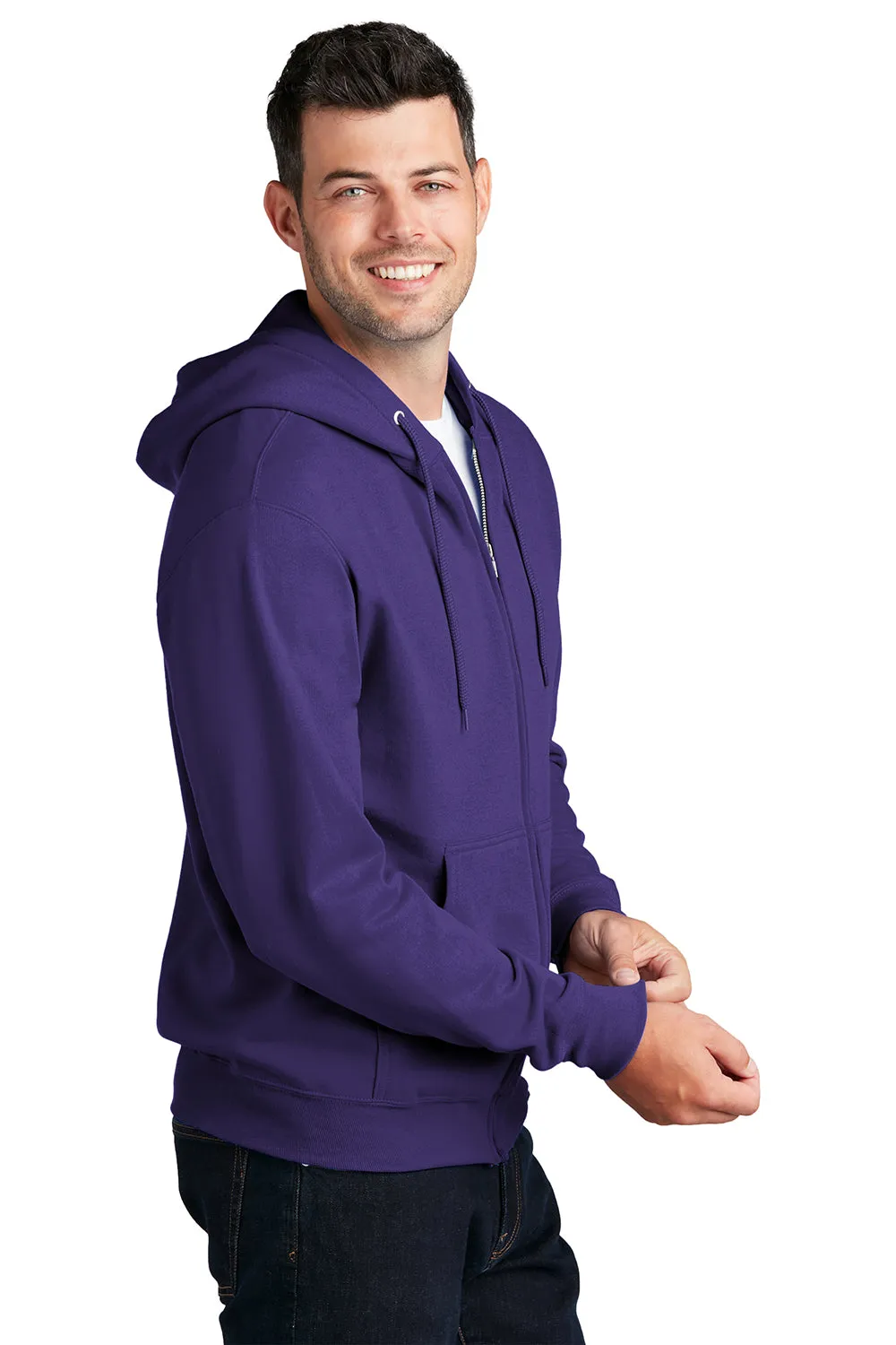 Port & Company Mens Core Pill Resistant Fleece Full Zip Hooded Sweatshirt Hoodie w/ Pockets - Purple