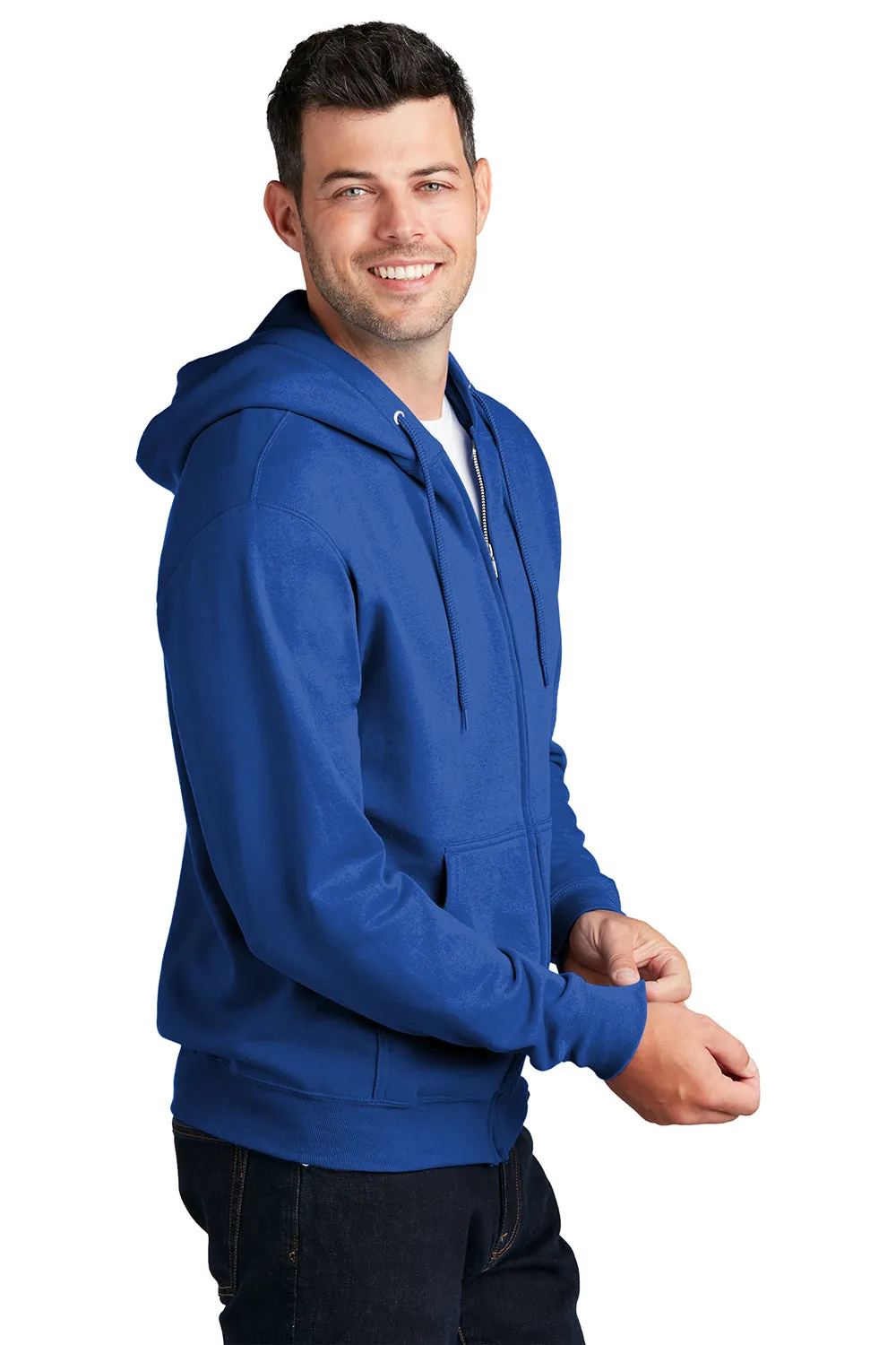 Port & Company Mens Core Pill Resistant Fleece Full Zip Hooded Sweatshirt Hoodie w/ Pockets - Royal Blue