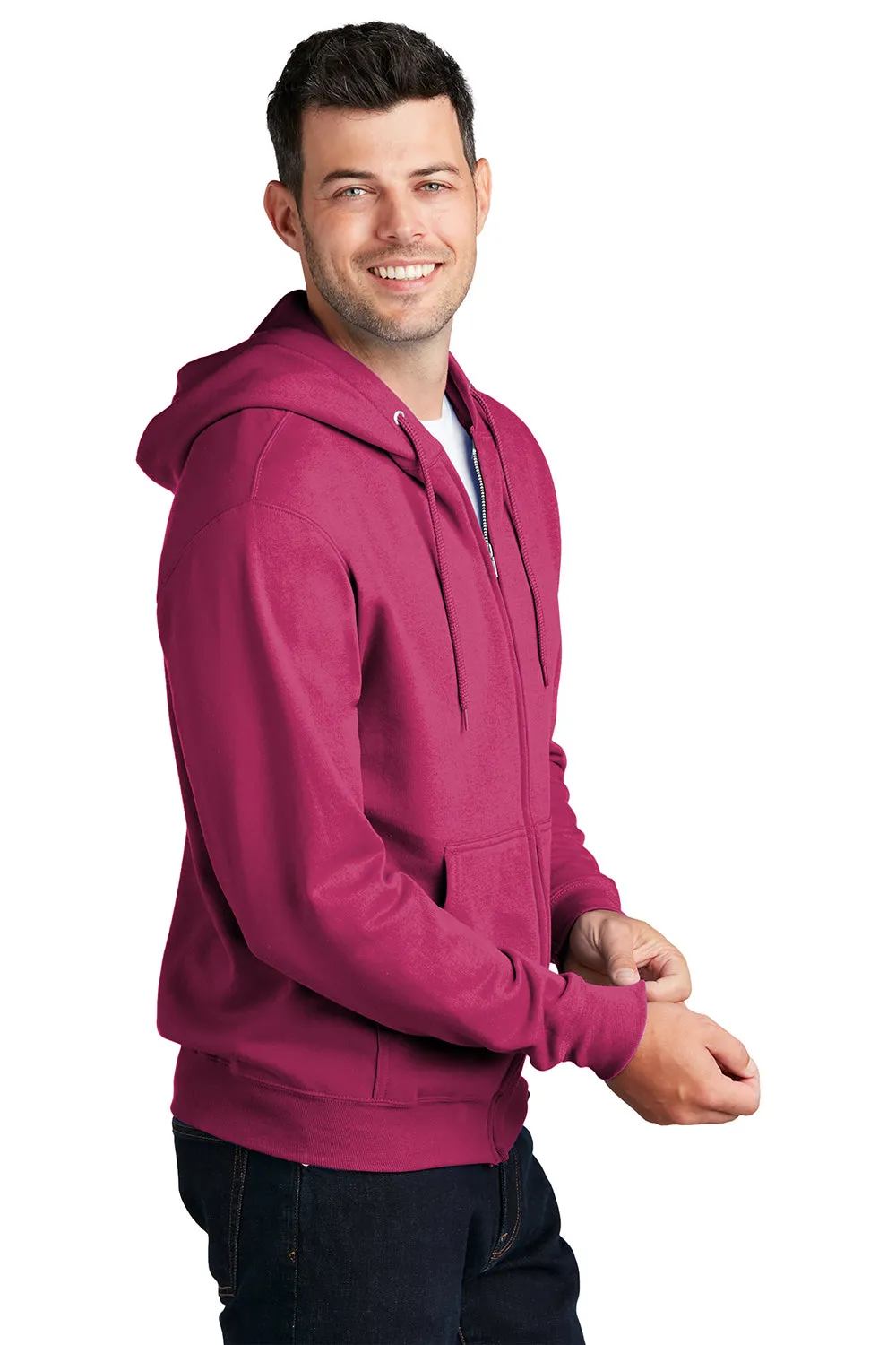 Port & Company Mens Core Pill Resistant Fleece Full Zip Hooded Sweatshirt Hoodie w/ Pockets - Sangria Pink