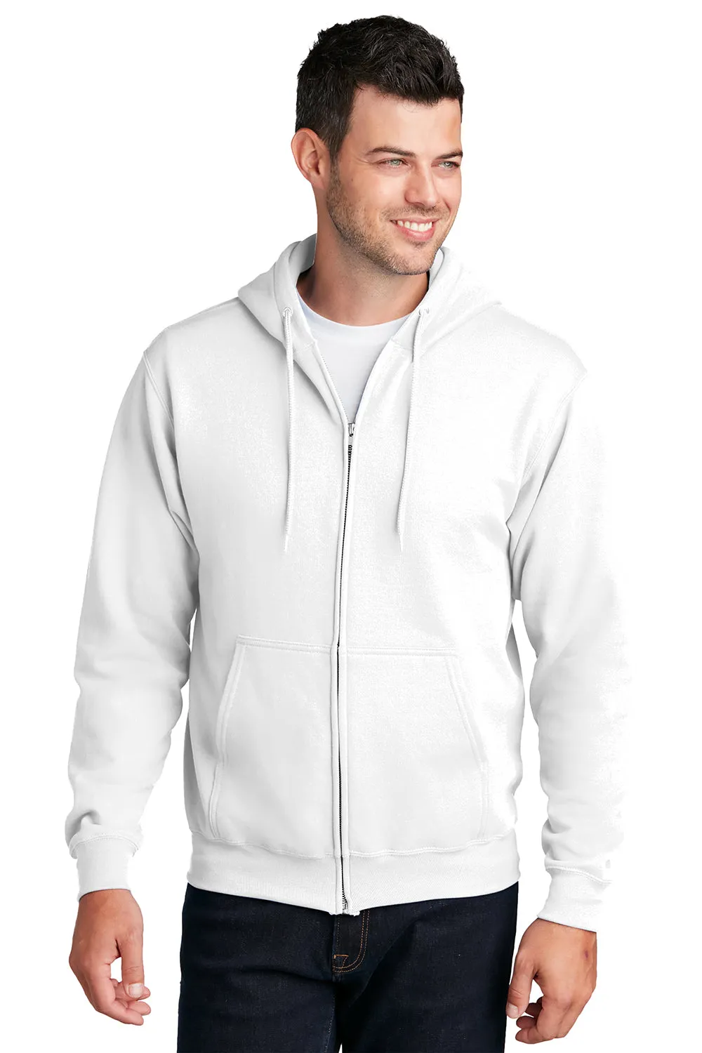 Port & Company Mens Core Pill Resistant Fleece Full Zip Hooded Sweatshirt Hoodie w/ Pockets - White