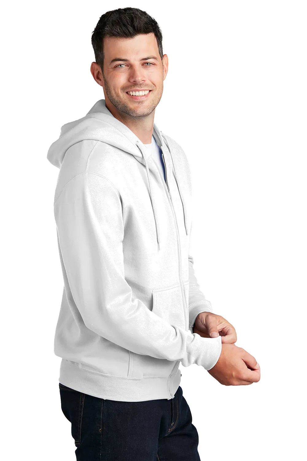 Port & Company Mens Core Pill Resistant Fleece Full Zip Hooded Sweatshirt Hoodie w/ Pockets - White