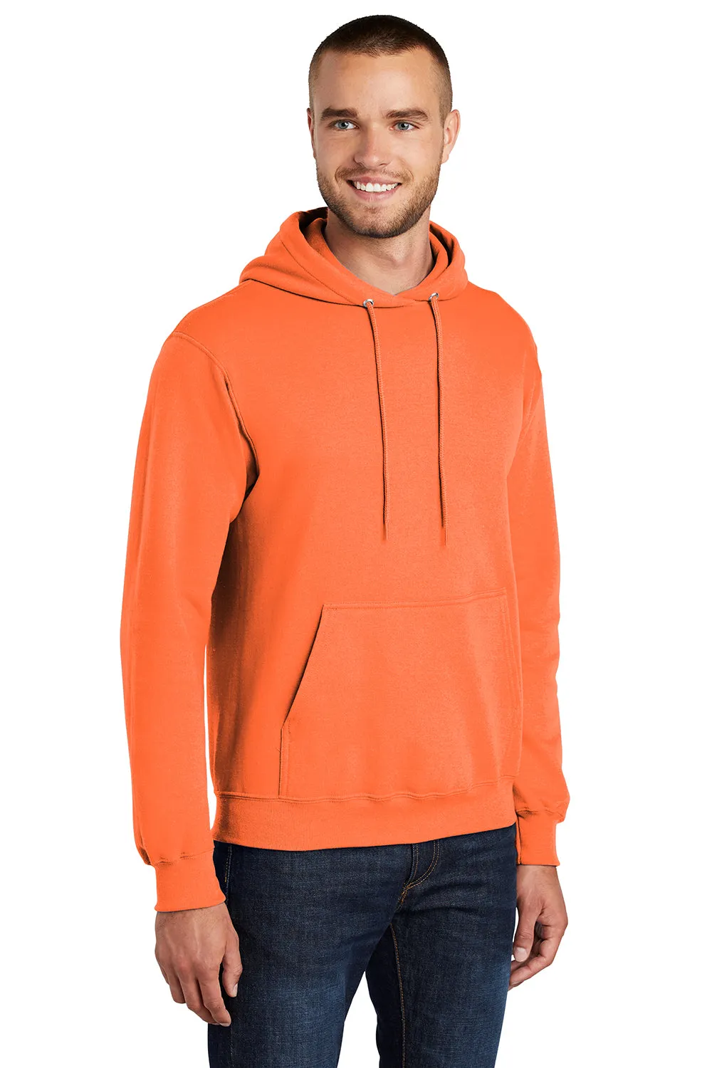 Port & Company Mens Core Pill Resistant Fleece Hooded Sweatshirt Hoodie w/ Pouch Pocket - Neon Orange