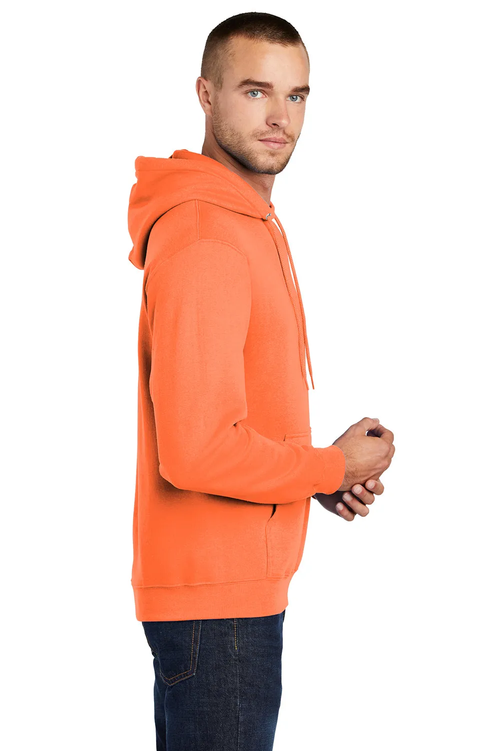 Port & Company Mens Core Pill Resistant Fleece Hooded Sweatshirt Hoodie w/ Pouch Pocket - Neon Orange