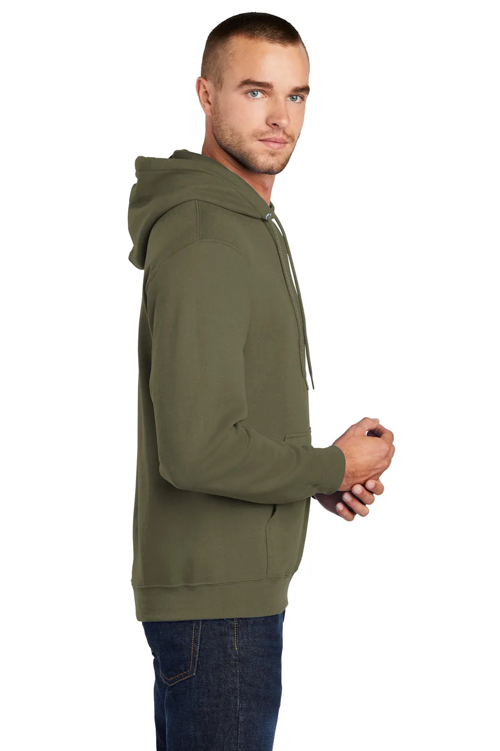 Port & Company Mens Core Pill Resistant Fleece Hooded Sweatshirt Hoodie w/ Pouch Pocket - Olive Drab Green