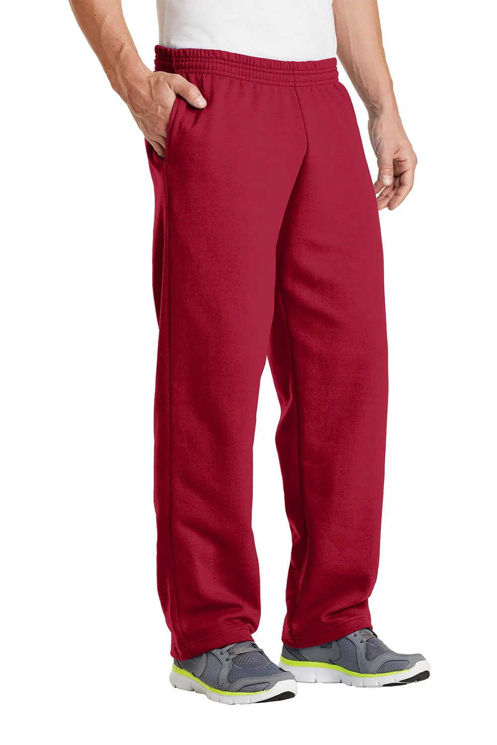 Port & Company Mens Core Pill Resistant Fleece Open Bottom Sweatpants w/ Pockets - Red