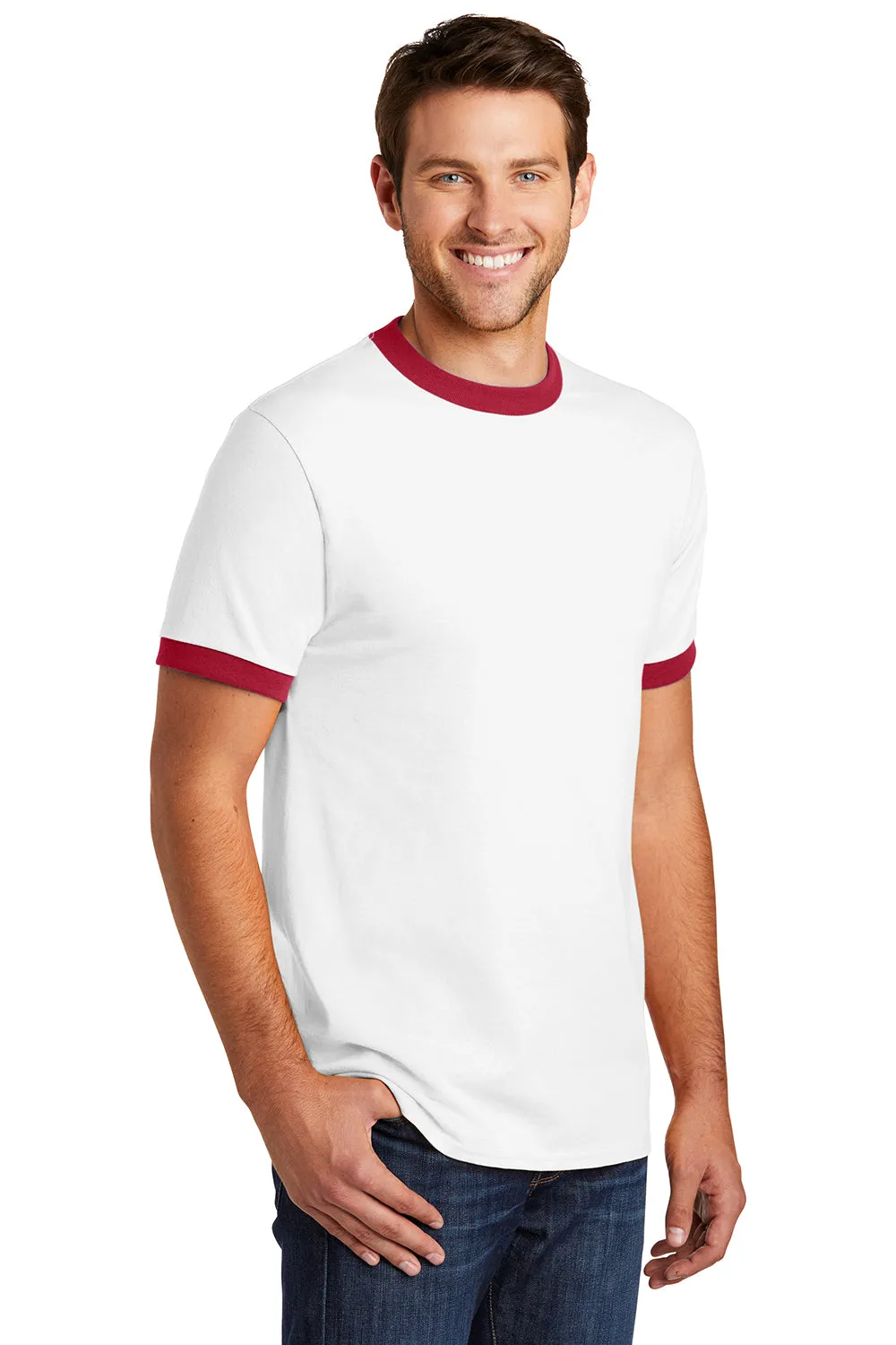 Port & Company Mens Core Ringer Short Sleeve Crewneck T-Shirt - White/Red