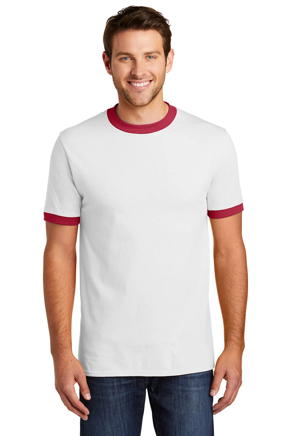 Port & Company Mens Core Ringer Short Sleeve Crewneck T-Shirt - White/Red