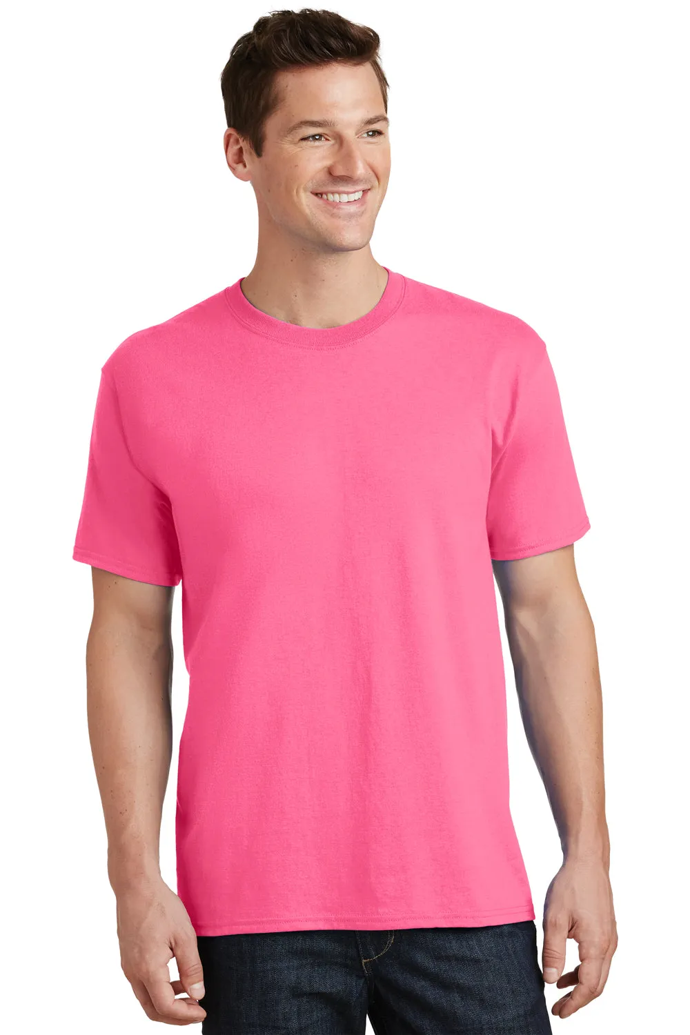 Port & Company Mens Core Short Sleeve Crewneck T-Shirt - Neon Pink