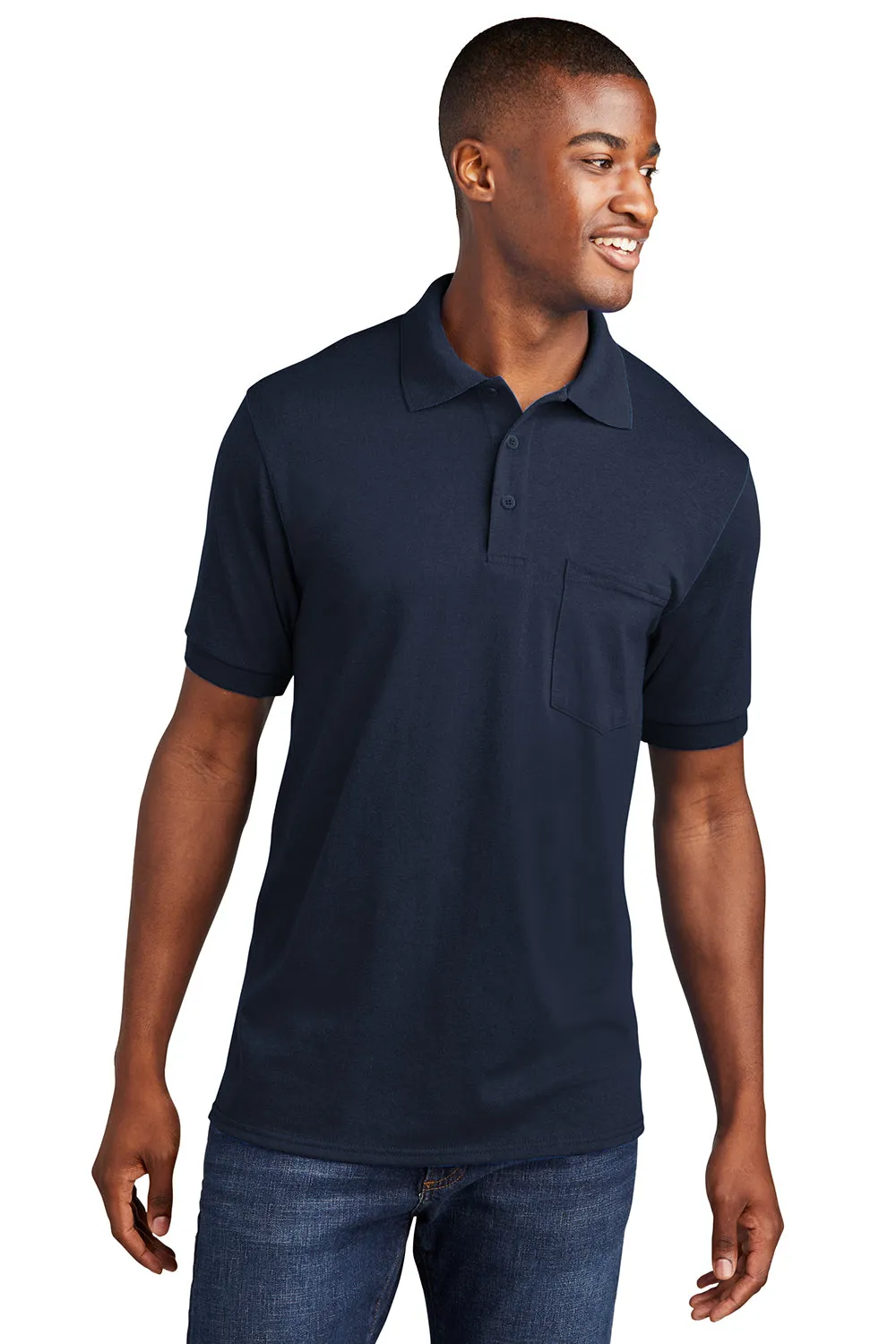 Port & Company Mens Core Stain Resistant Short Sleeve Polo Shirt w/ Pocket - Deep Navy Blue