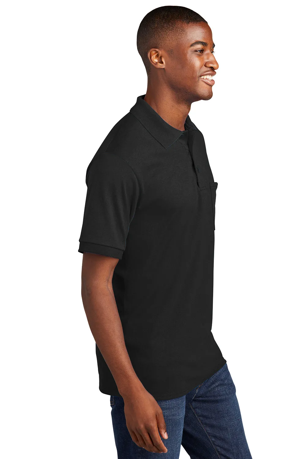 Port & Company Mens Core Stain Resistant Short Sleeve Polo Shirt w/ Pocket - Jet Black