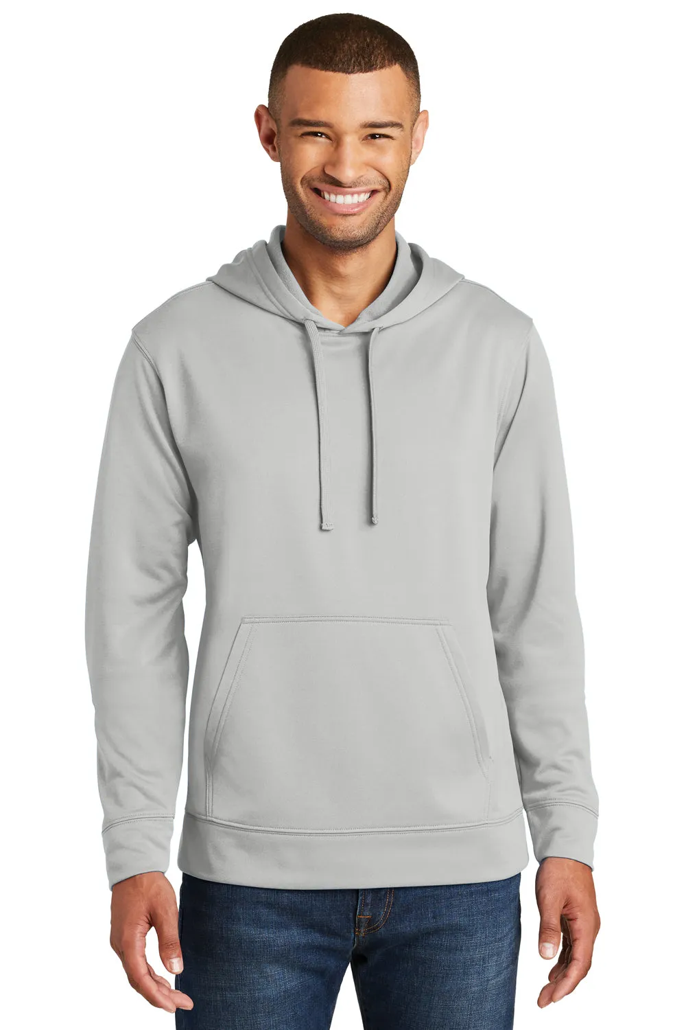 Port & Company Mens Dry Zone Performance Moisture Wicking Fleece Hooded Sweatshirt Hoodie w/ Pouch Pocket - Silver Grey