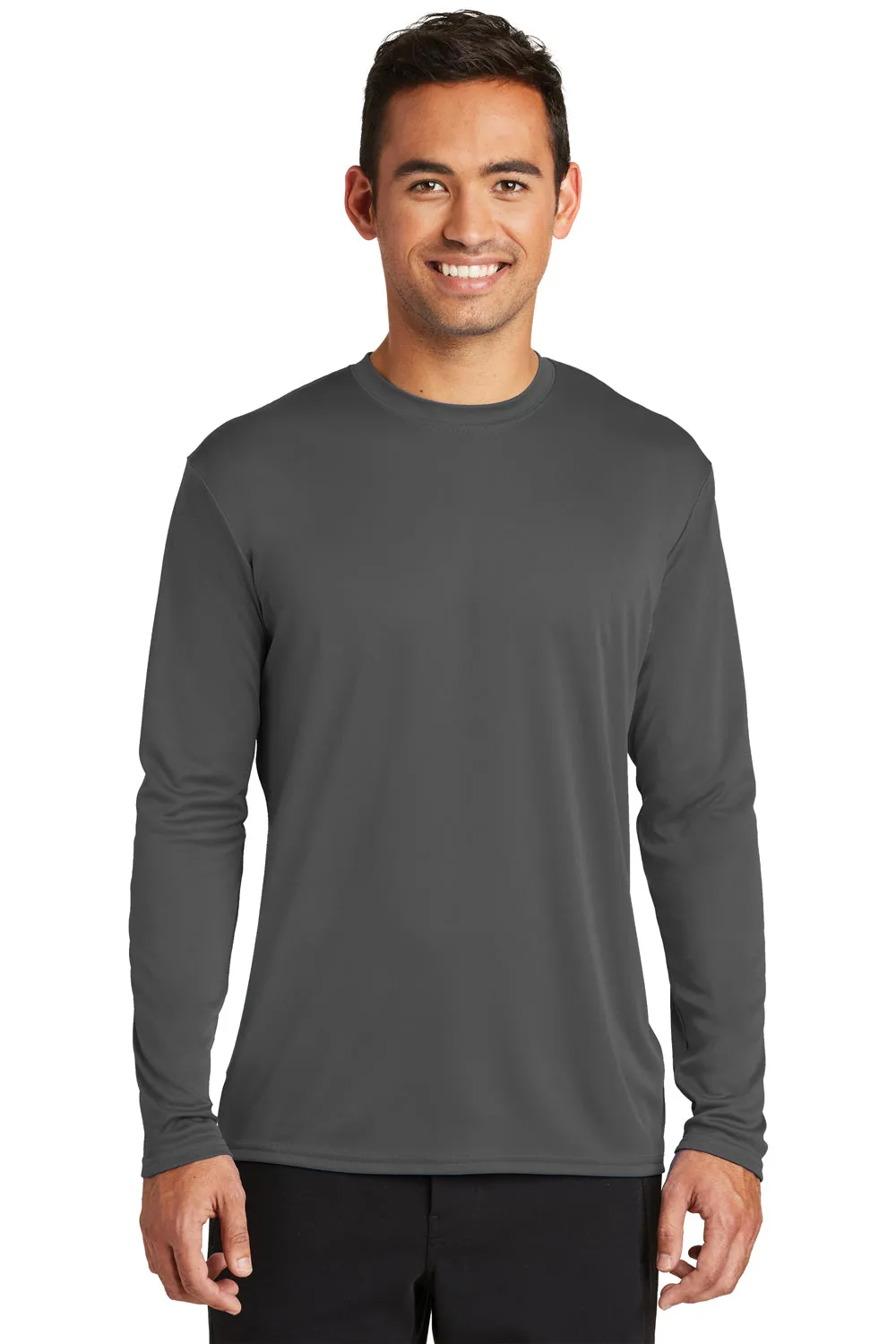 Port & Company Mens Dry Zone Performance Moisture Wicking Long Sleeve Crewneck T-Shirt - Charcoal Grey